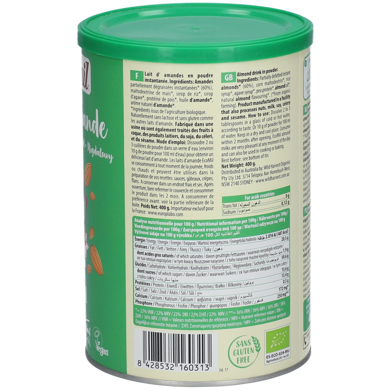 Dos de la boîte "Eco mil Lait d'Amande". Texte multilingue. Bio, vegan. 400g.