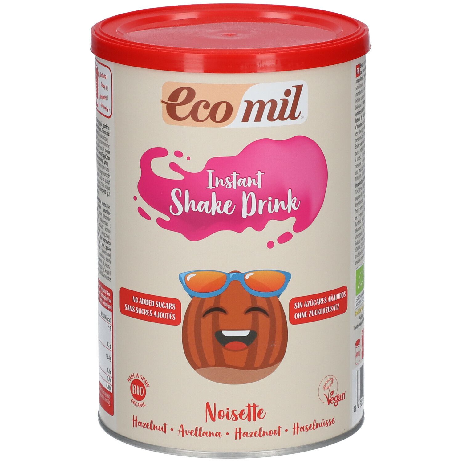 Barattolo con coperchio rosso. Scritta: Eco mil, Instant Shake Drink, Noisette. Illustrazione di nocciola con occhiali e volto sorridente.