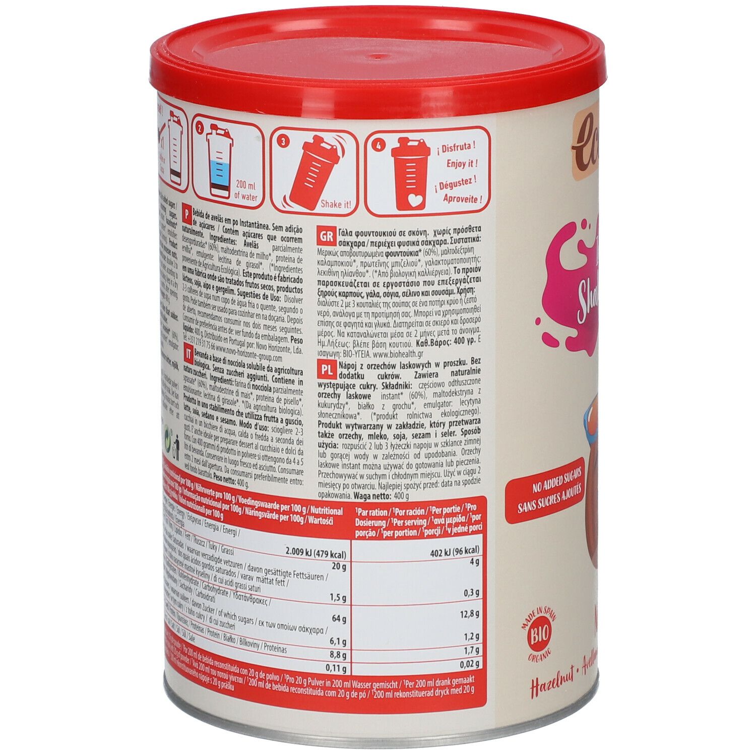 Retro del barattolo con coperchio rosso. Testo multilingue, comprese informazioni nutrizionali e istruzioni per la preparazione.