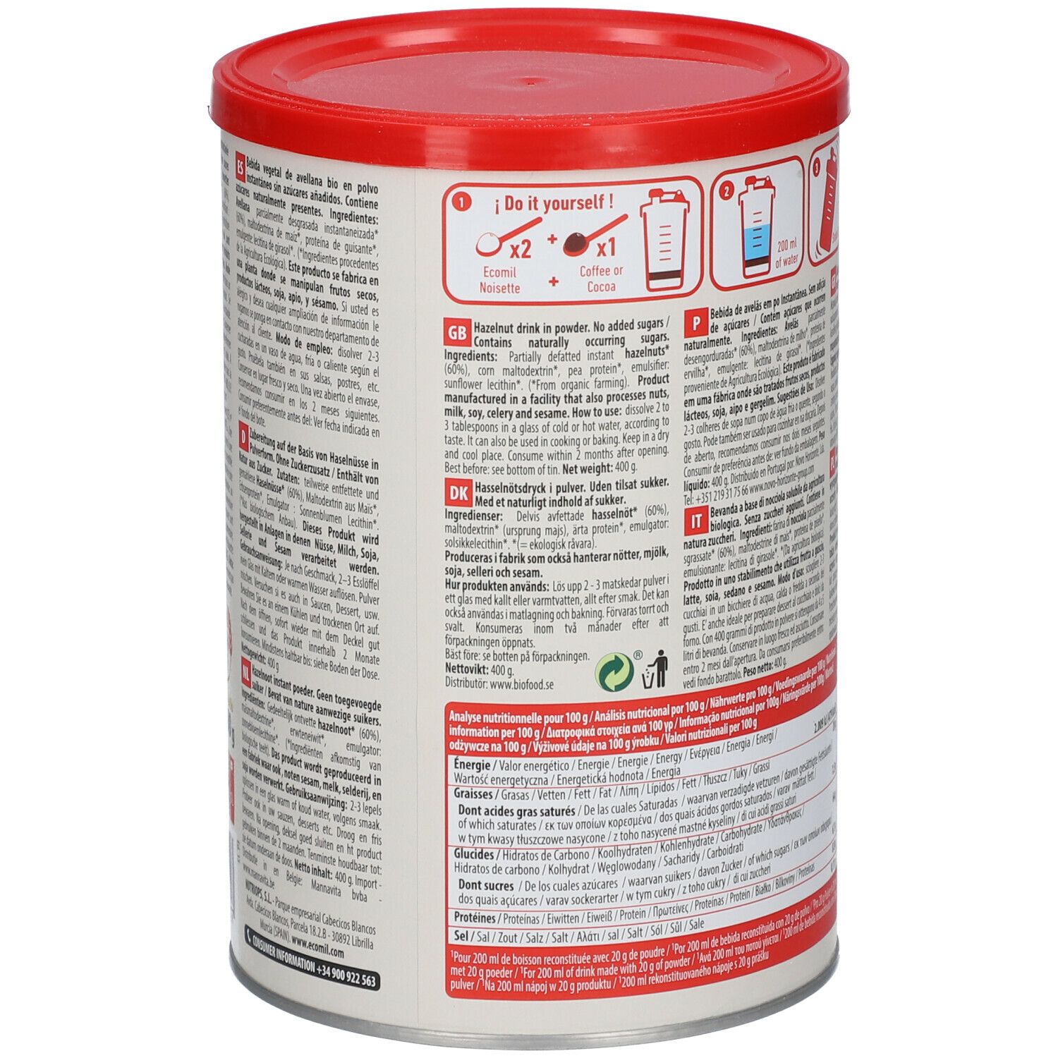 Retro del barattolo con coperchio rosso. Testo multilingue, comprese istruzioni per la preparazione e ingredienti.