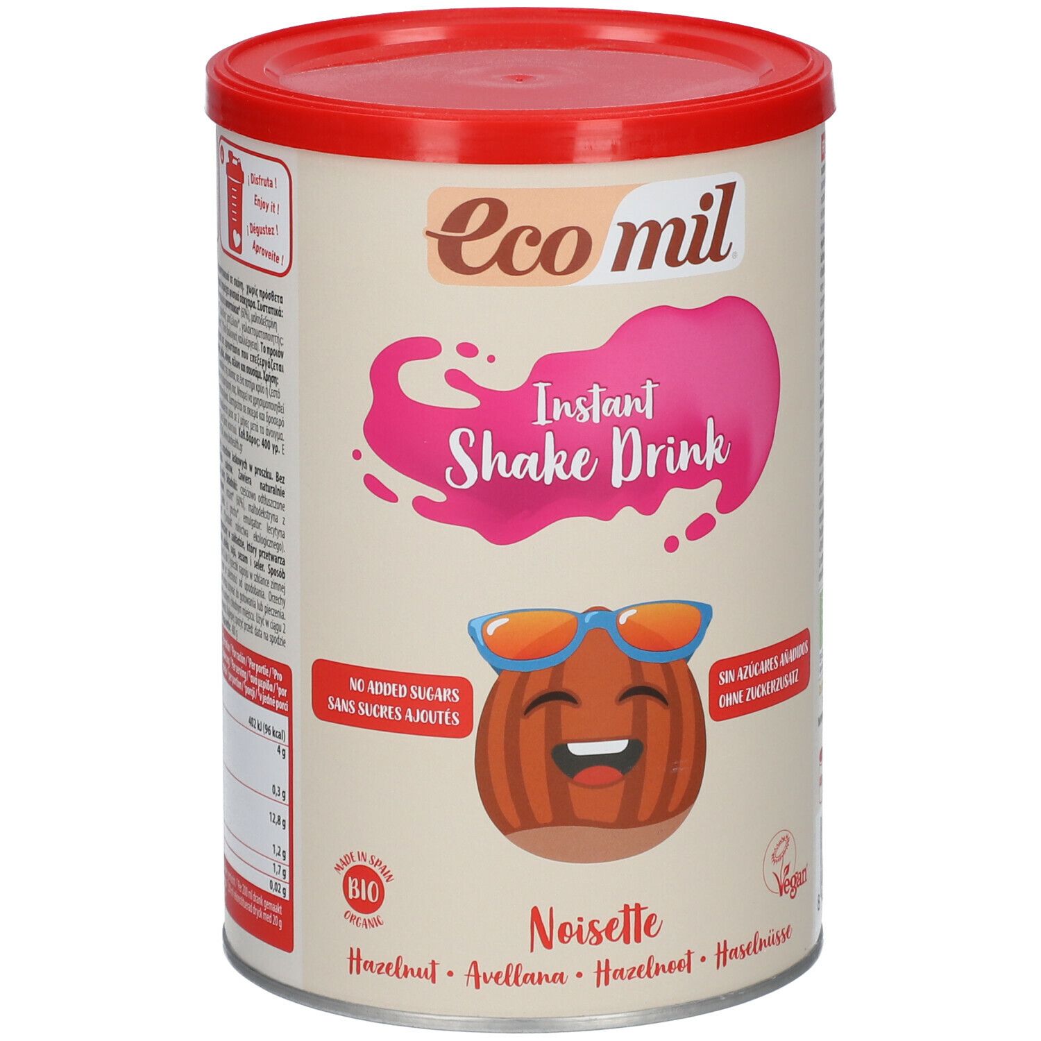 Barattolo con coperchio rosso. Scritta: Eco mil, Instant Shake Drink, Noisette. Illustrazione di nocciola con occhiali e volto sorridente.