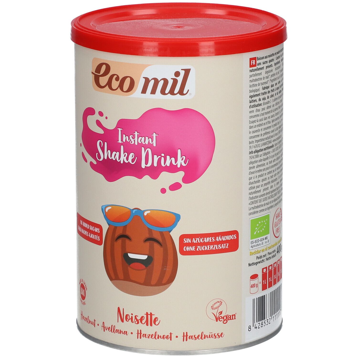 Barattolo con coperchio rosso. Scritta: Eco mil, Instant Shake Drink, Noisette. Illustrazione di nocciola con occhiali e volto sorridente.