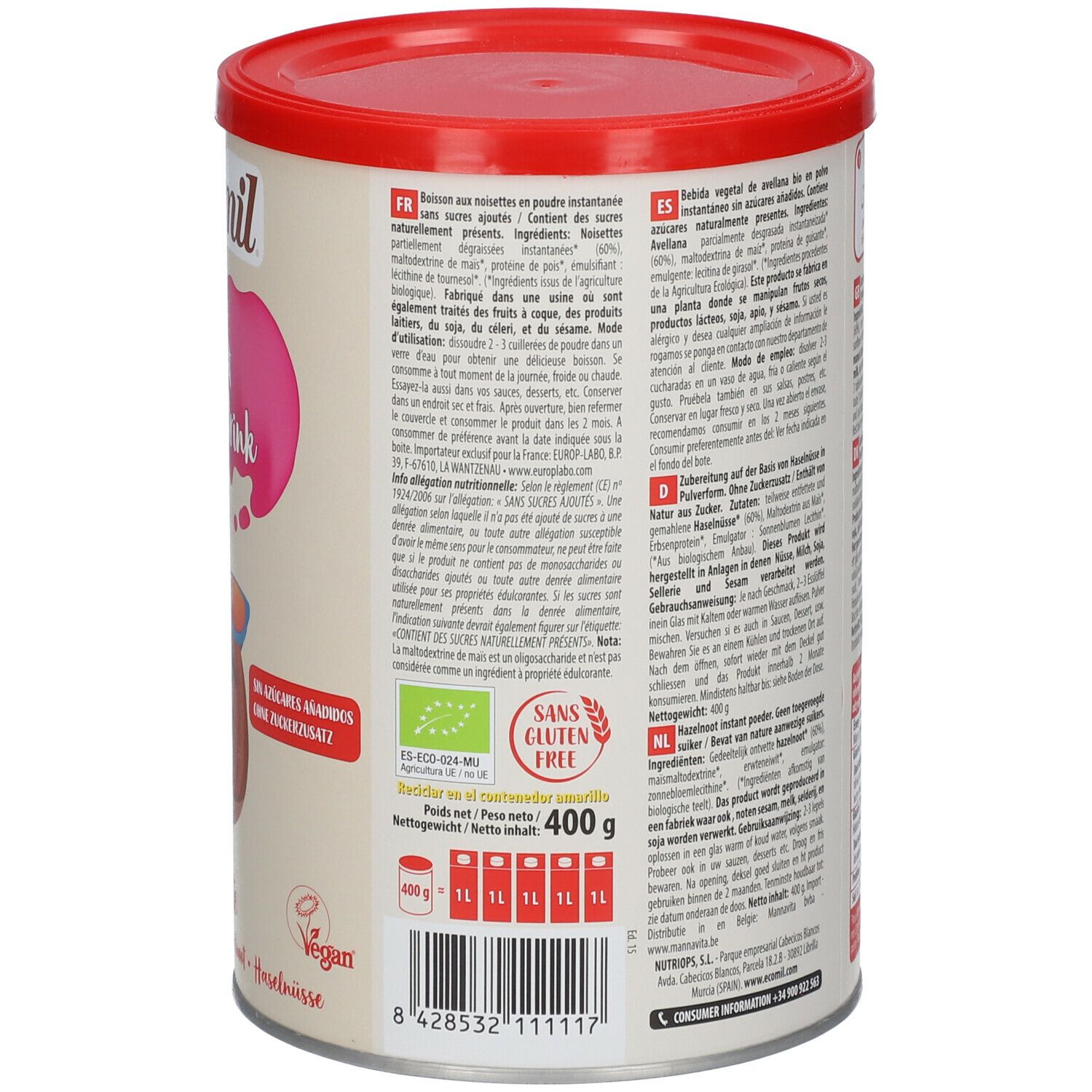 Retro del barattolo con coperchio rosso. Testo multilingue, comprese informazioni nutrizionali e ingredienti.