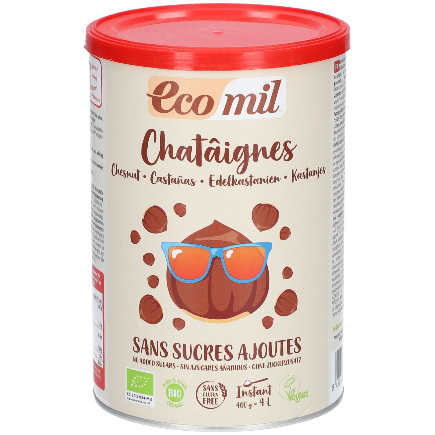 Boîte cylindrique avec couvercle rouge. Inscription: Eco mil Châtaignes, sans sucres ajoutés. Bio, sans gluten, vegan. 400g + 4L.