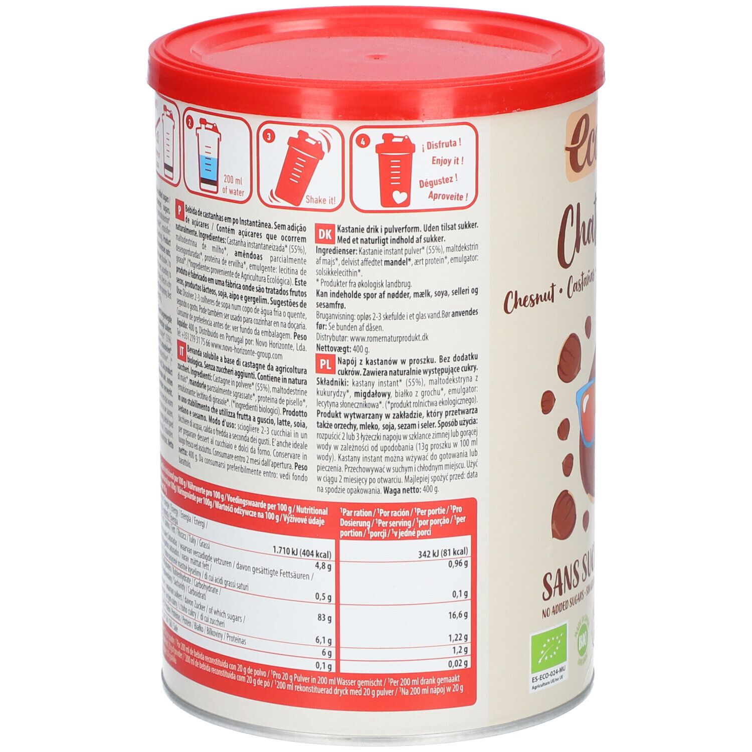 Boîte avec couvercle rouge. Dos avec texte et informations nutritionnelles. Label bio. Instructions de préparation.