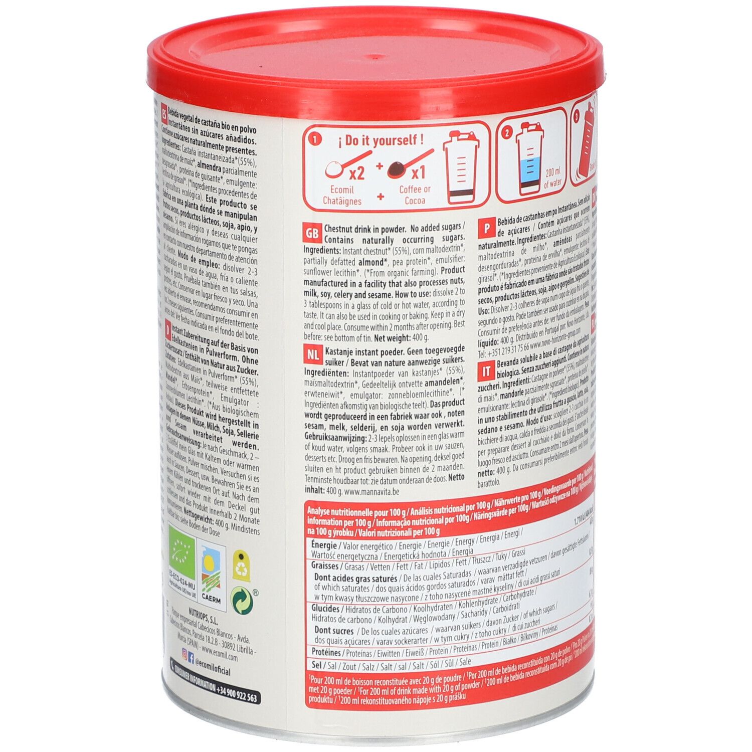 Boîte avec couvercle rouge. Dos avec texte et informations nutritionnelles. Label bio. Instructions de préparation.