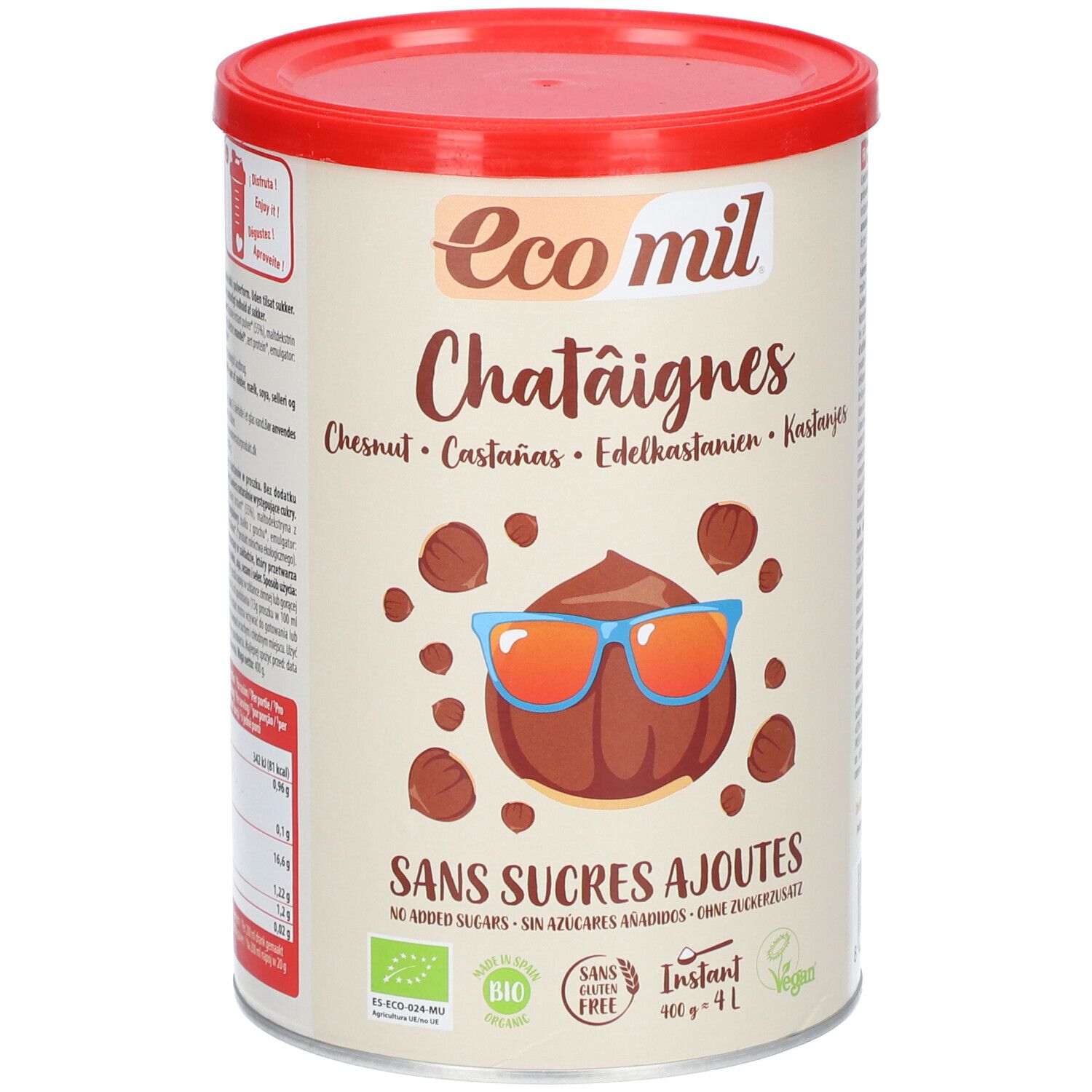 Boîte cylindrique avec couvercle rouge. Inscription: Eco mil Châtaignes, sans sucres ajoutés. Bio, sans gluten, vegan. 400g + 4L.