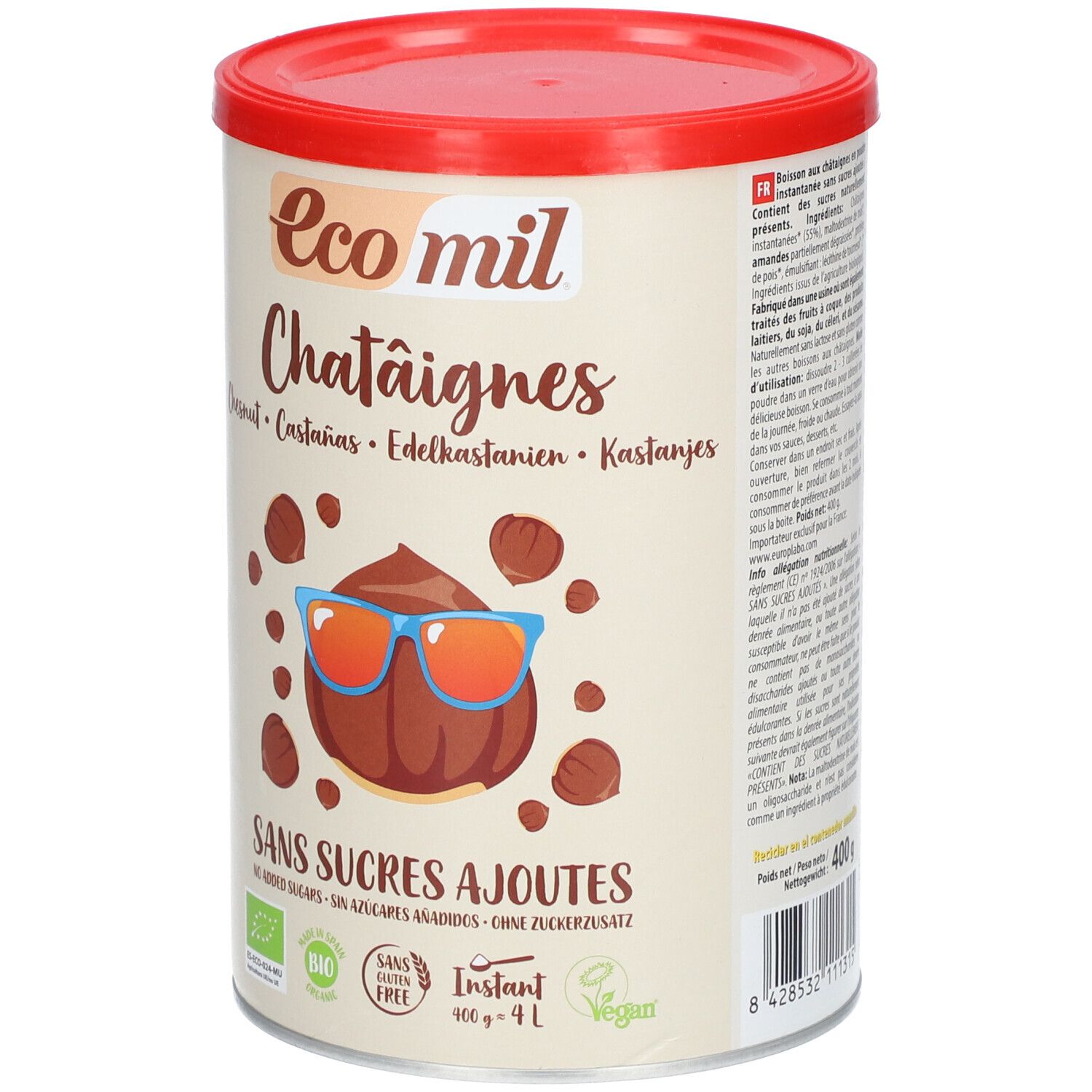 Boîte cylindrique avec couvercle rouge. Inscription: Eco mil Châtaignes, sans sucres ajoutés. Bio, sans gluten, vegan. 400g + 4L.