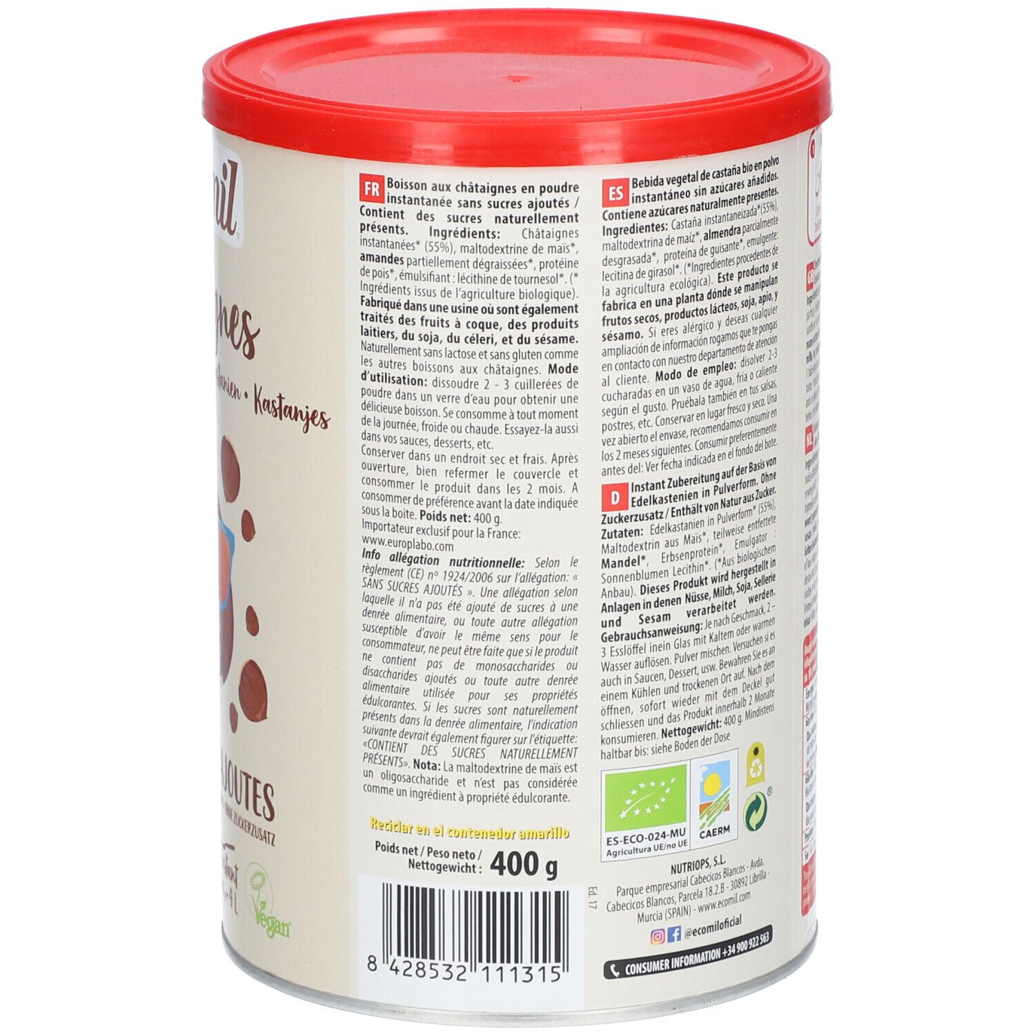 Boîte avec couvercle rouge. Dos avec texte et informations nutritionnelles. Label bio. 400g.
