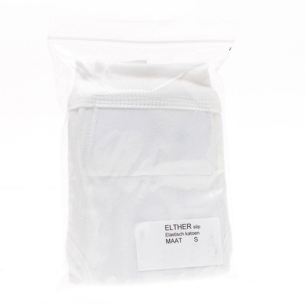 Slip blanc dans un emballage plastique. Étiquette avec "ELTHER slip", "Elastisch katoen" et taille S.