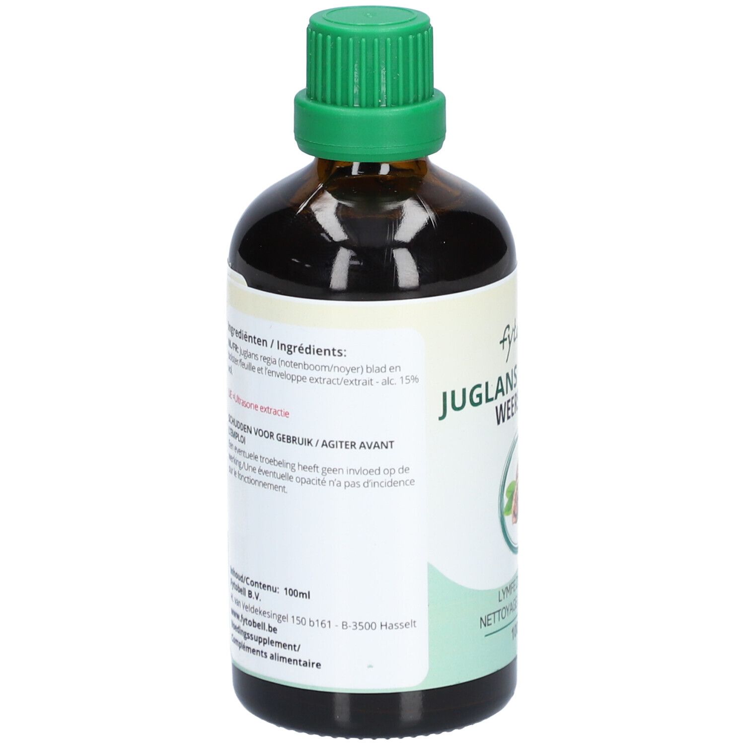 Flacon en verre brun avec bouchon vert. Dos avec étiquette, texte sur les ingrédients et mode d'emploi. Contenu : 100 ml.