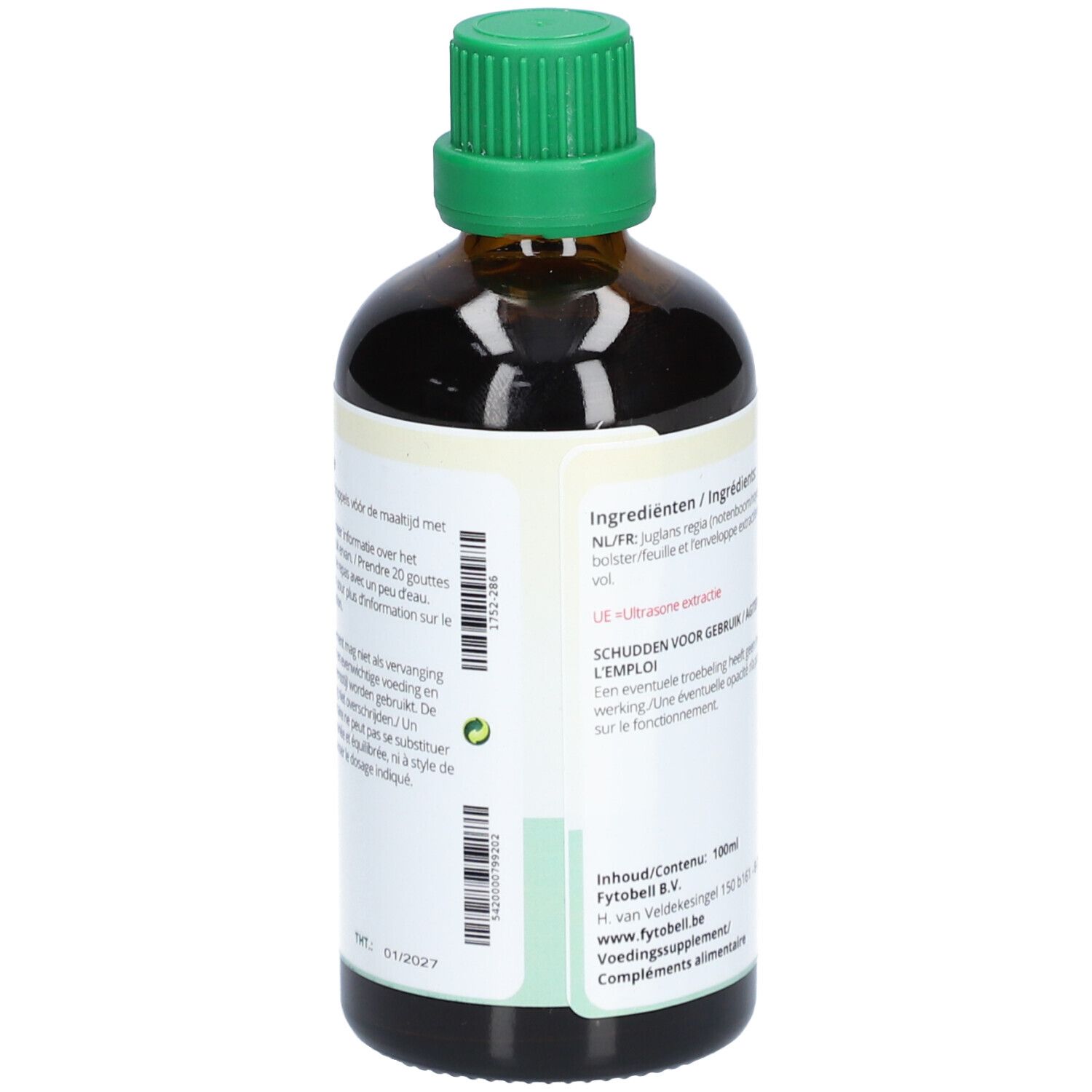 Flacon en verre brun avec bouchon vert. Dos avec étiquette, texte sur les ingrédients et mode d'emploi. Contenu : 100 ml.