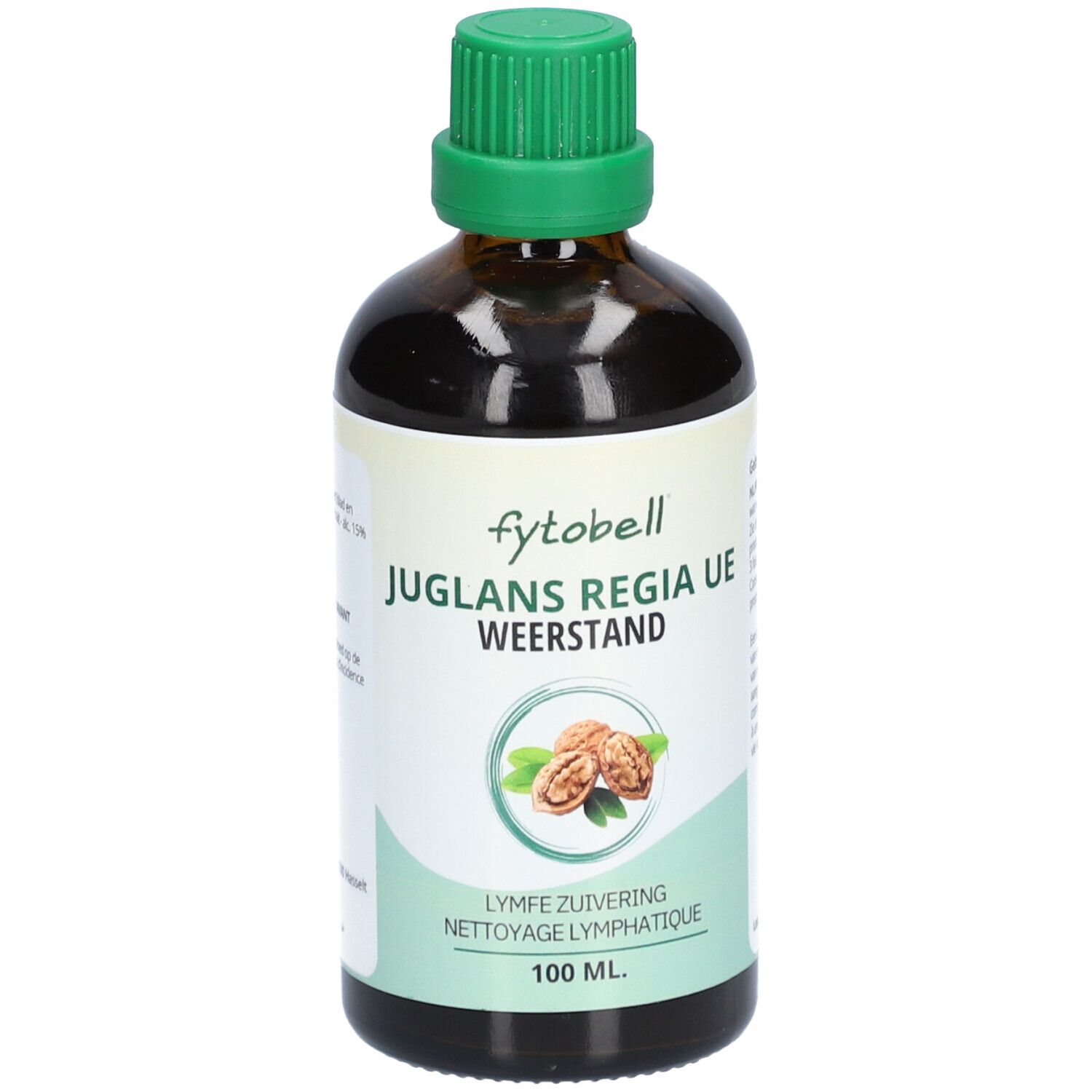 Flacon en verre brun avec bouchon vert. Étiquette avec nom du produit fytobell Juglans Regia UE Weerstand, illustration de noix et texte.