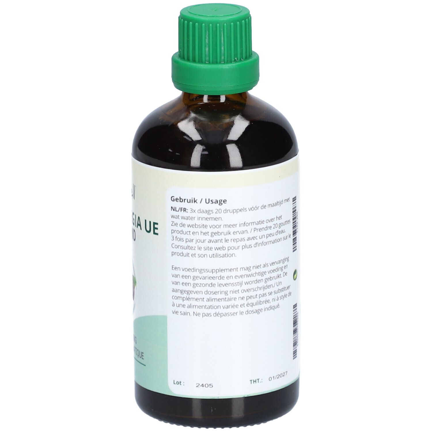 Flacon en verre brun avec bouchon vert. Dos avec étiquette, texte sur le mode d'emploi. Contenu : 100 ml.