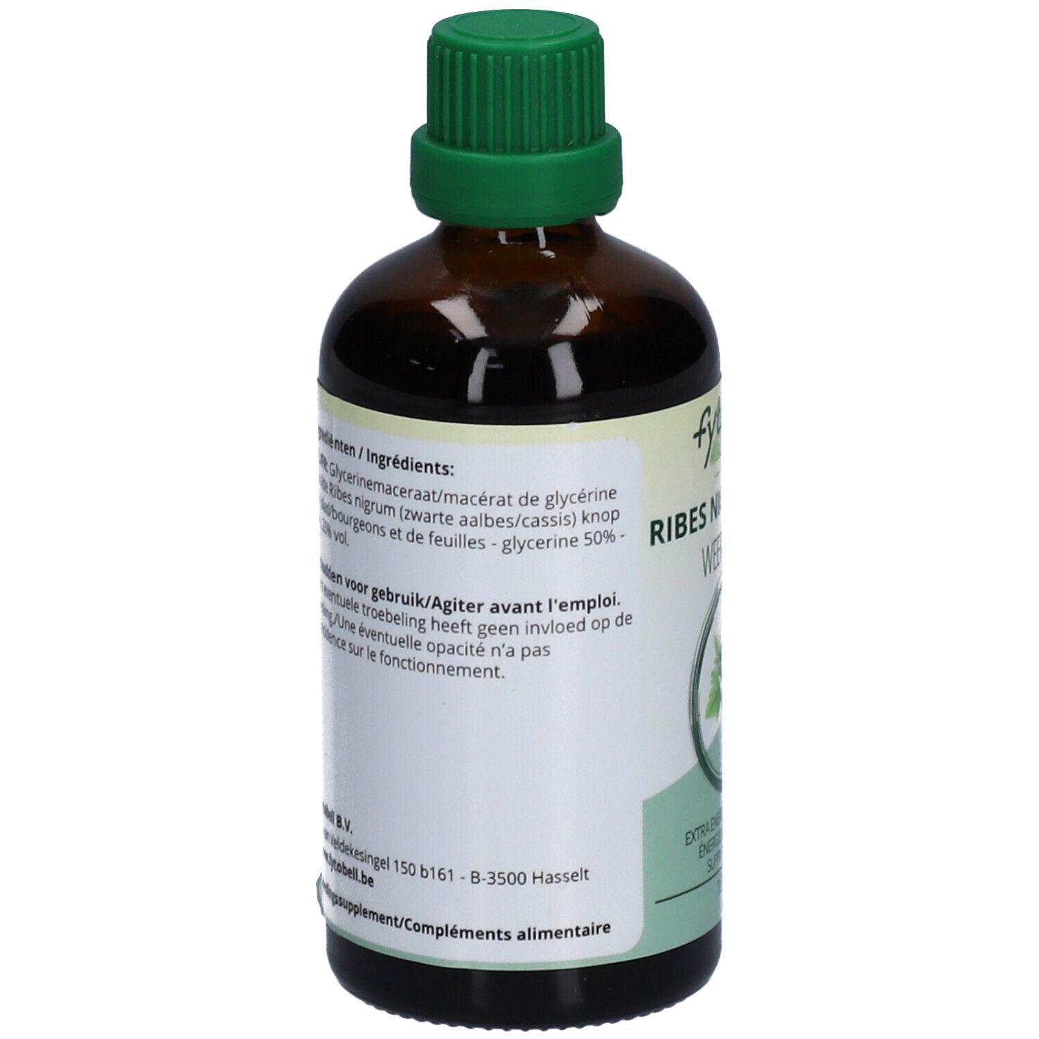 Braune Glasflasche mit grünem Verschluss. Rückseite mit Etikett und Text in mehreren Sprachen.