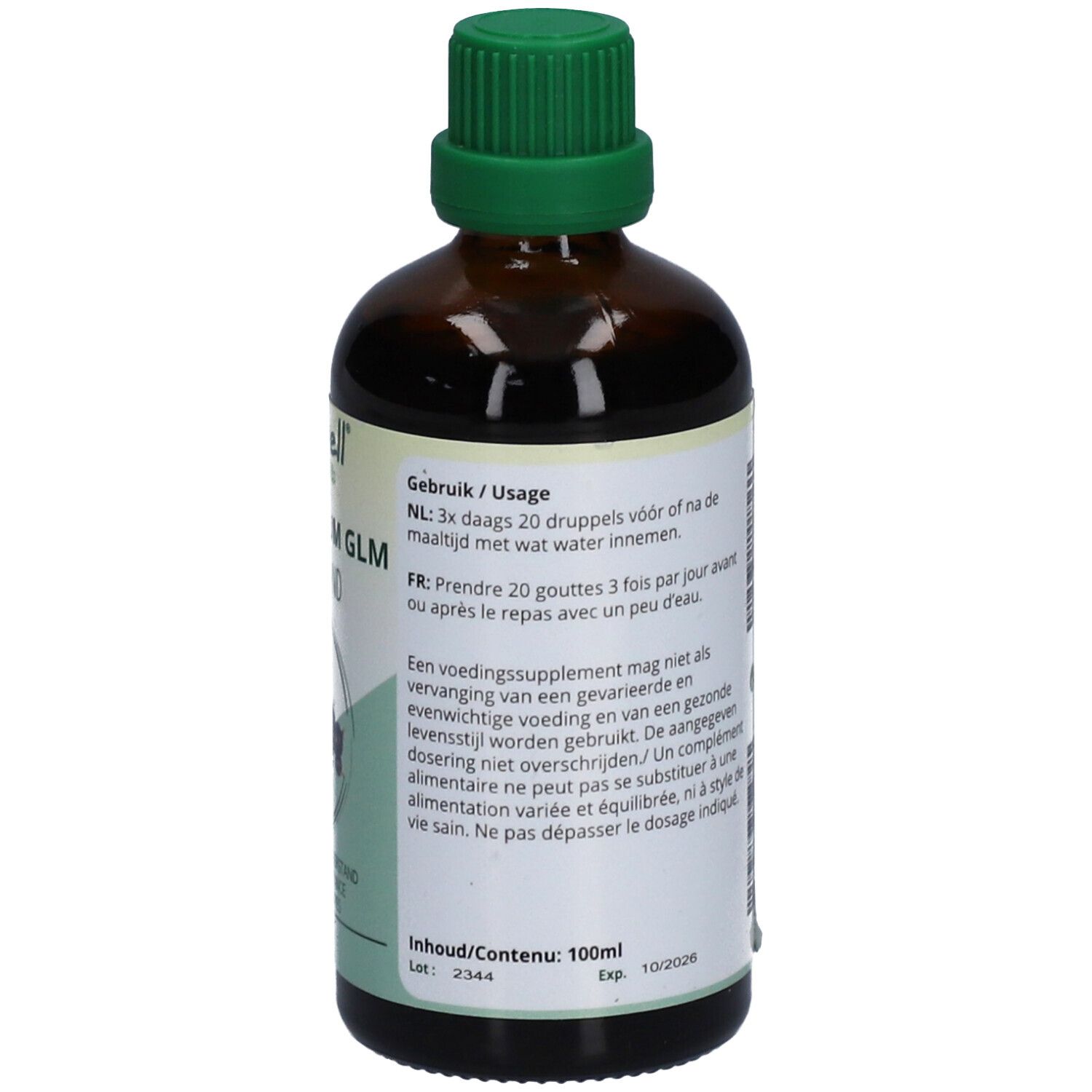 Braune Glasflasche mit grünem Verschluss. Rückseite mit Etikett und Text in mehreren Sprachen.