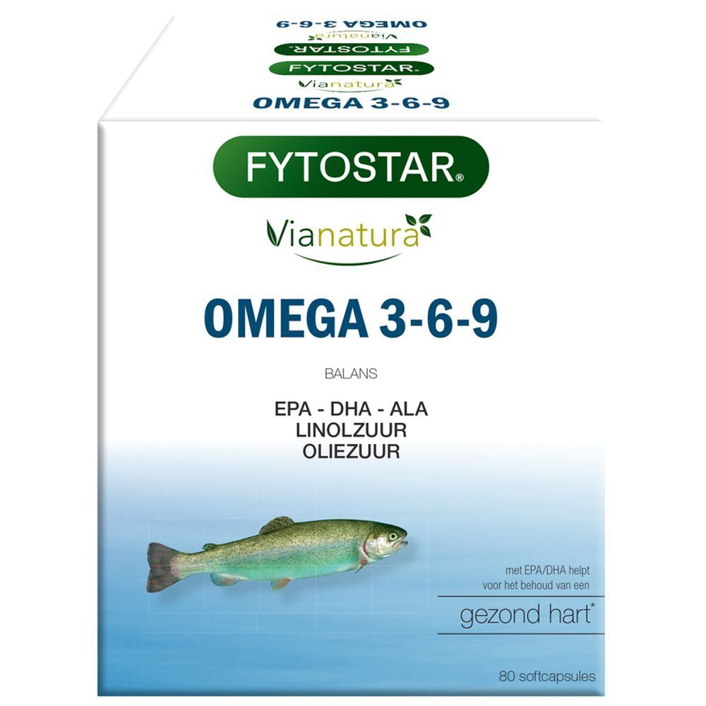ViaNatura Omega 3-6-9 verpakking. Bevat 80 capsules. Opschrift: EPA-DHA-ALA-Linolzuur-Oliezuur. Illustratie van een vis. Nederlandse tekst.