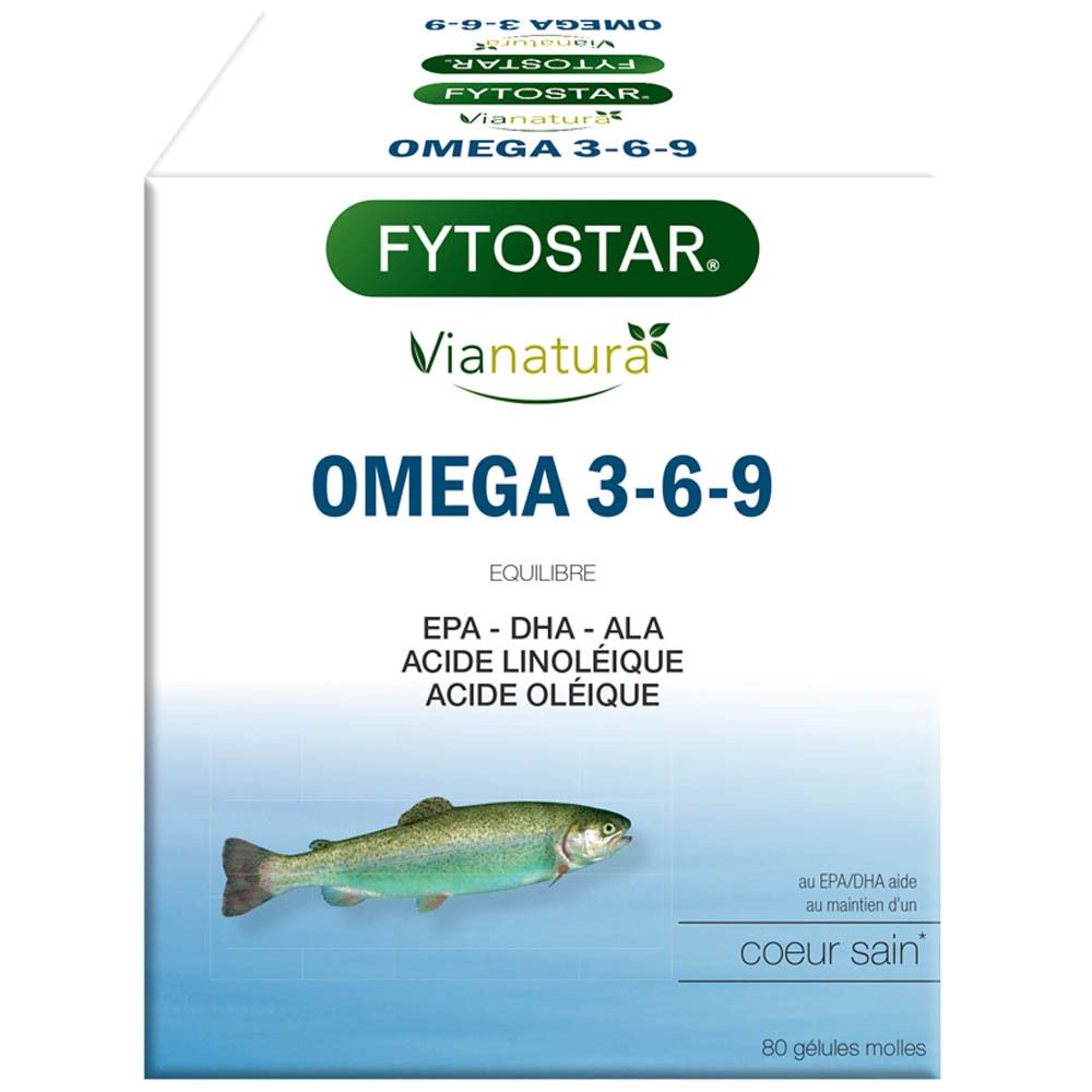 ViaNatura Omega 3-6-9 verpakking. Bevat 80 softgels. Opschrift: EPA-DHA-ALA-Linolzuur-Oliezuur. Illustratie van een vis. Franse tekst.