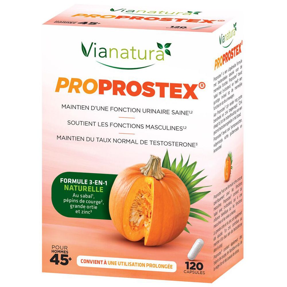 Boîte ViaNatura Proprostex. Nom du produit et illustration de citrouille. Texte en français. 120 gélules.