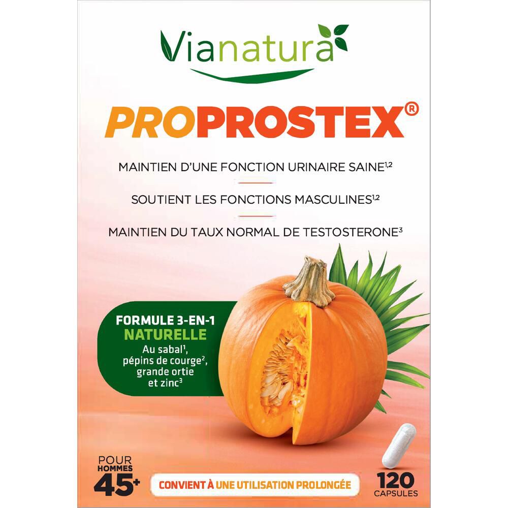 Boîte ViaNatura Proprostex. Nom du produit et citrouille. Texte en français. 120 gélules.