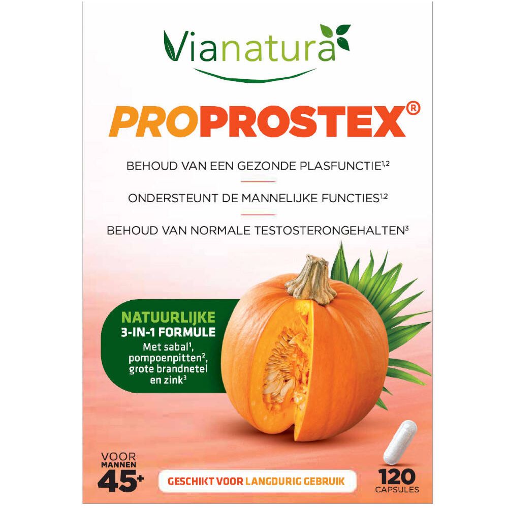 Boîte ViaNatura Proprostex. Nom du produit et citrouille. Texte en néerlandais. 120 gélules.