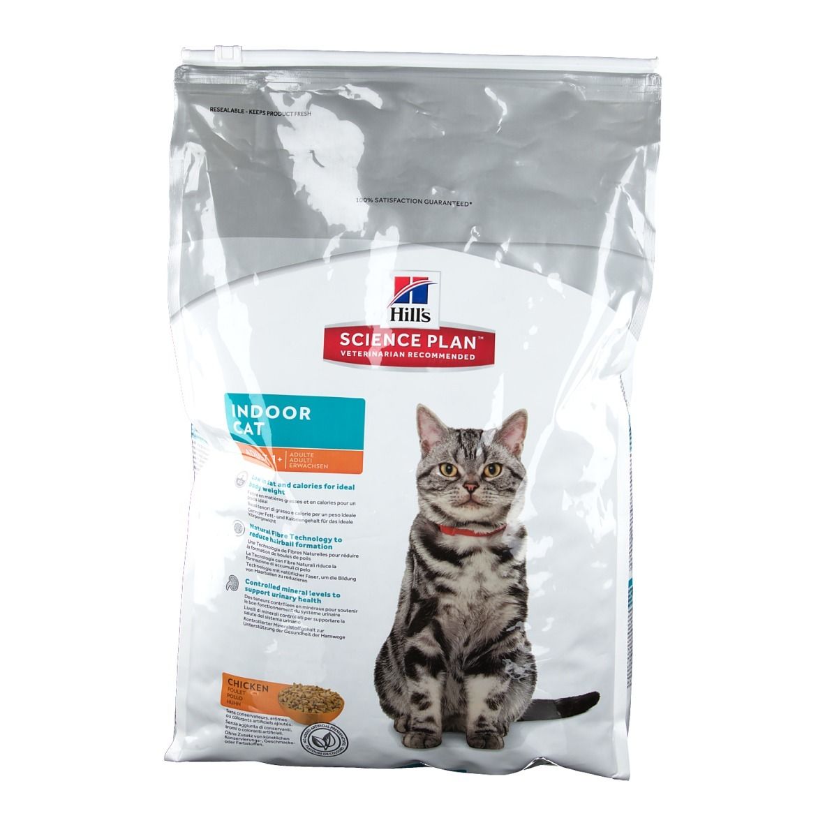 Sac de nourriture pour chats. Inscription : Hill's Science Plan Indoor Cat. Illustration : chat.