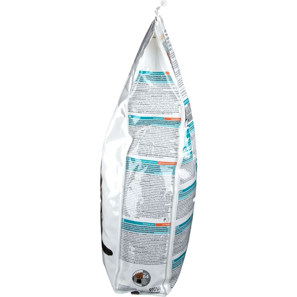 Vue latérale d'un sac de nourriture pour chats. Texte et design visibles.