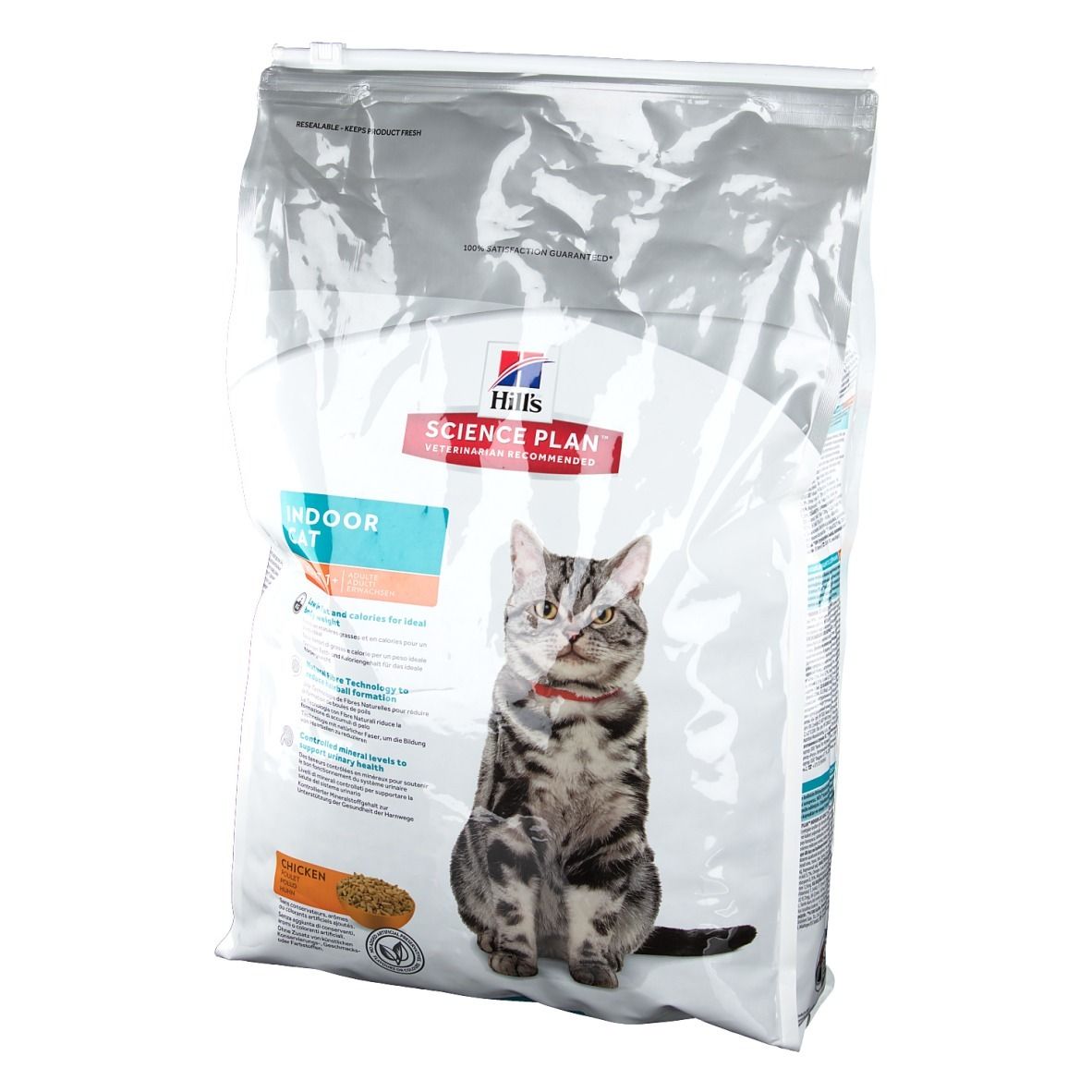 Sac de nourriture pour chats. Inscription : Hill's Science Plan Indoor Cat. Illustration : chat.