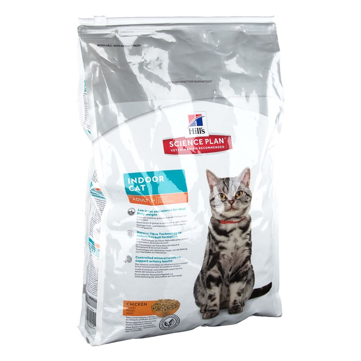 Sac de nourriture pour chats. Inscription : Hill's Science Plan Indoor Cat Adult. Illustration : chat.