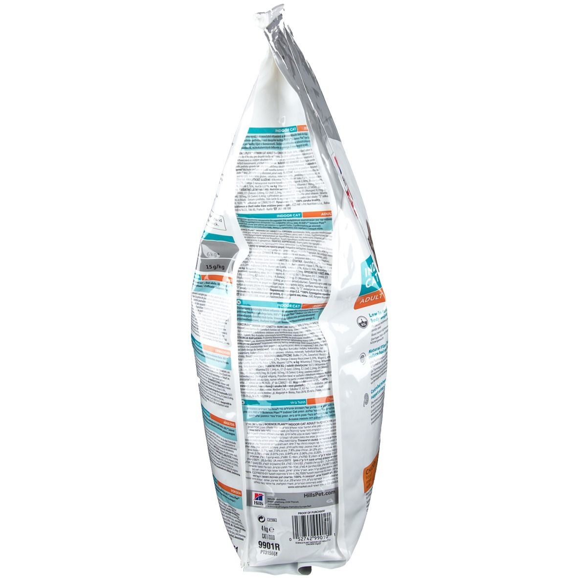Vue latérale d'un sac de nourriture pour chats. Texte et design visibles.
