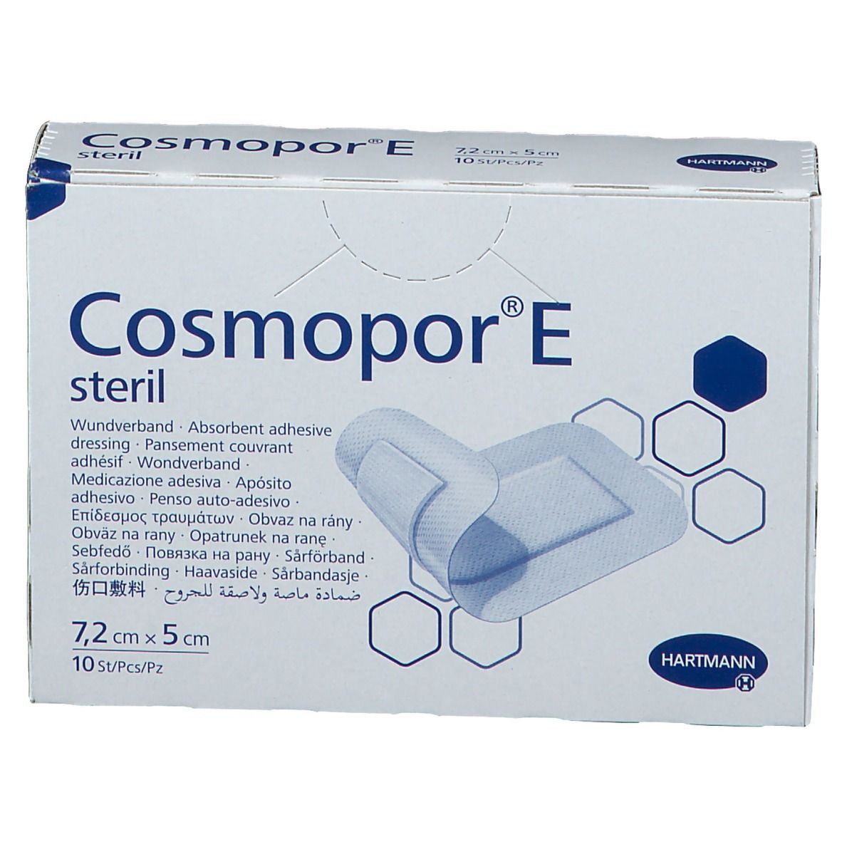 Boîte de Cosmopor E, stérile. Pansement adhésif. Dimensions : 7,2 x 5 cm. 10 pièces. Marque HARTMANN.