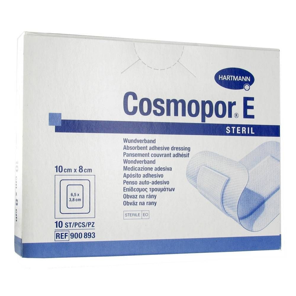 Boîte de Cosmopor® steril, 10x8 cm. Contient 10 pièces. Nom du produit et marque visibles. Inscriptions en plusieurs langues.