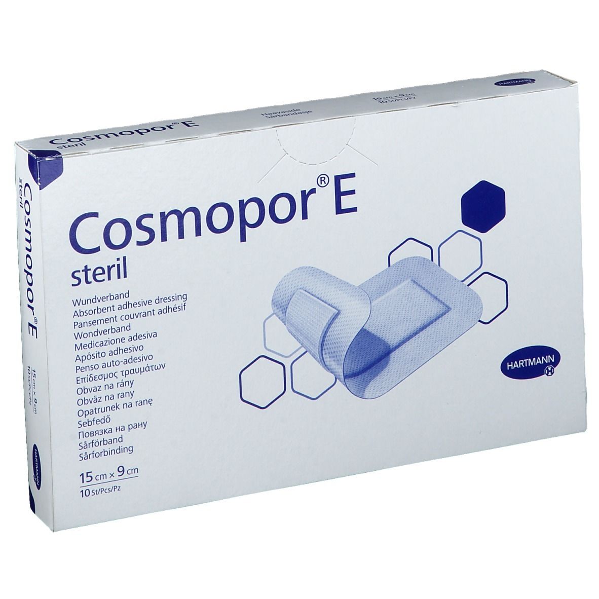 Verband Cosmopor® E steriel, 15 x 9 cm, 10 stuks. Verpakking met productafbeelding en afmetingen.