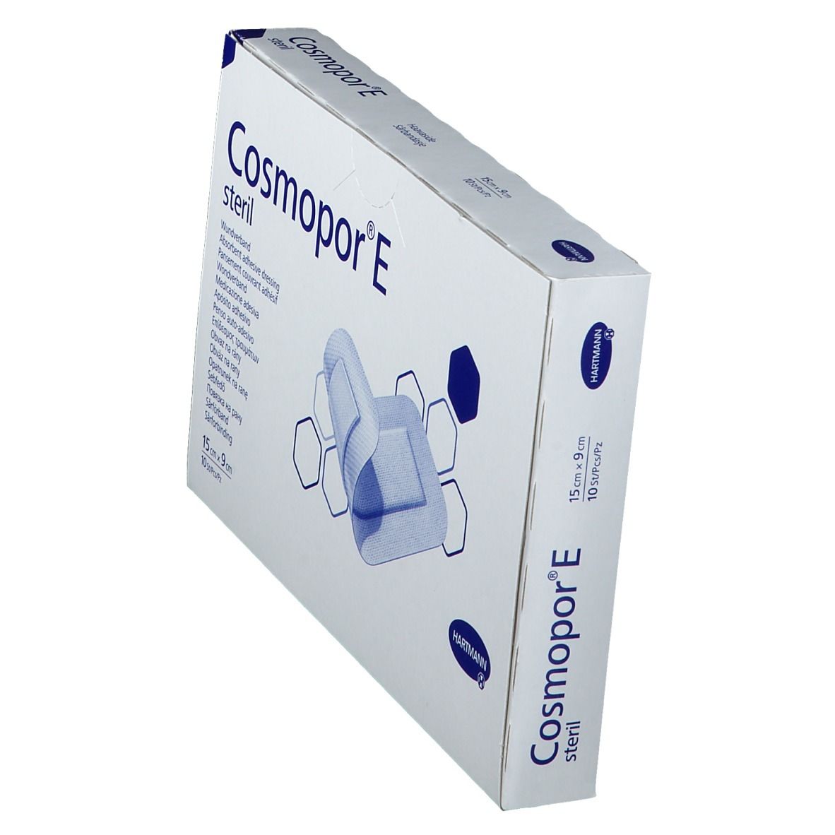 Schuine weergave van de verpakking Cosmopor® E steriel. Productnaam, afmeting 15 x 9 cm en logo.