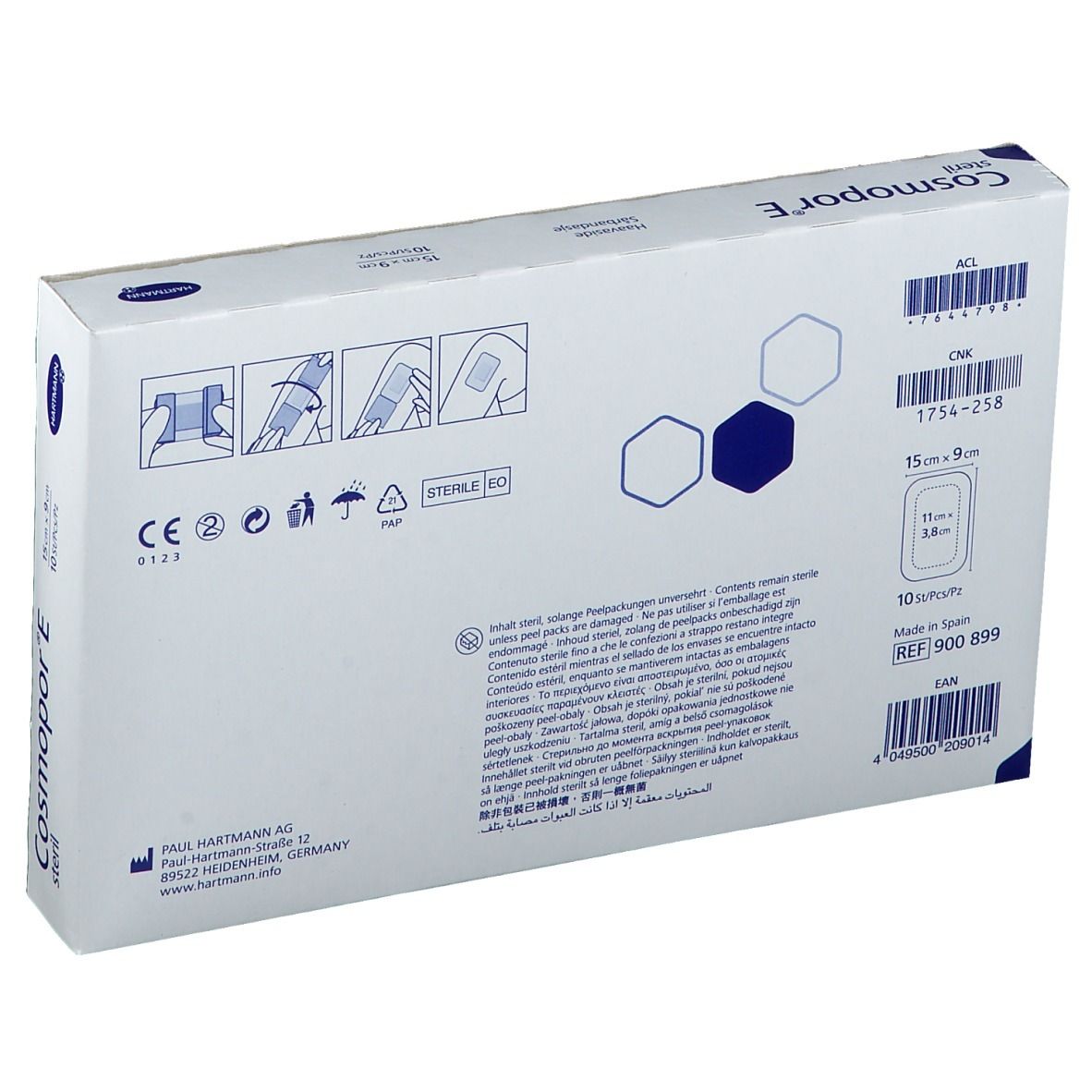 Achterkant van de verpakking Cosmopor® E steriel. Informatie, afmeting 15 x 9 cm en CE-markering.