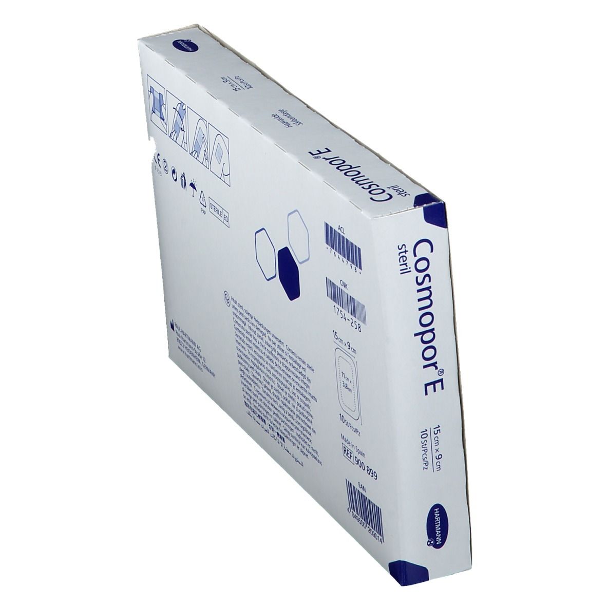 Schuine weergave van de verpakking Cosmopor® E steriel. Productnaam, afmeting 15 x 9 cm en logo.