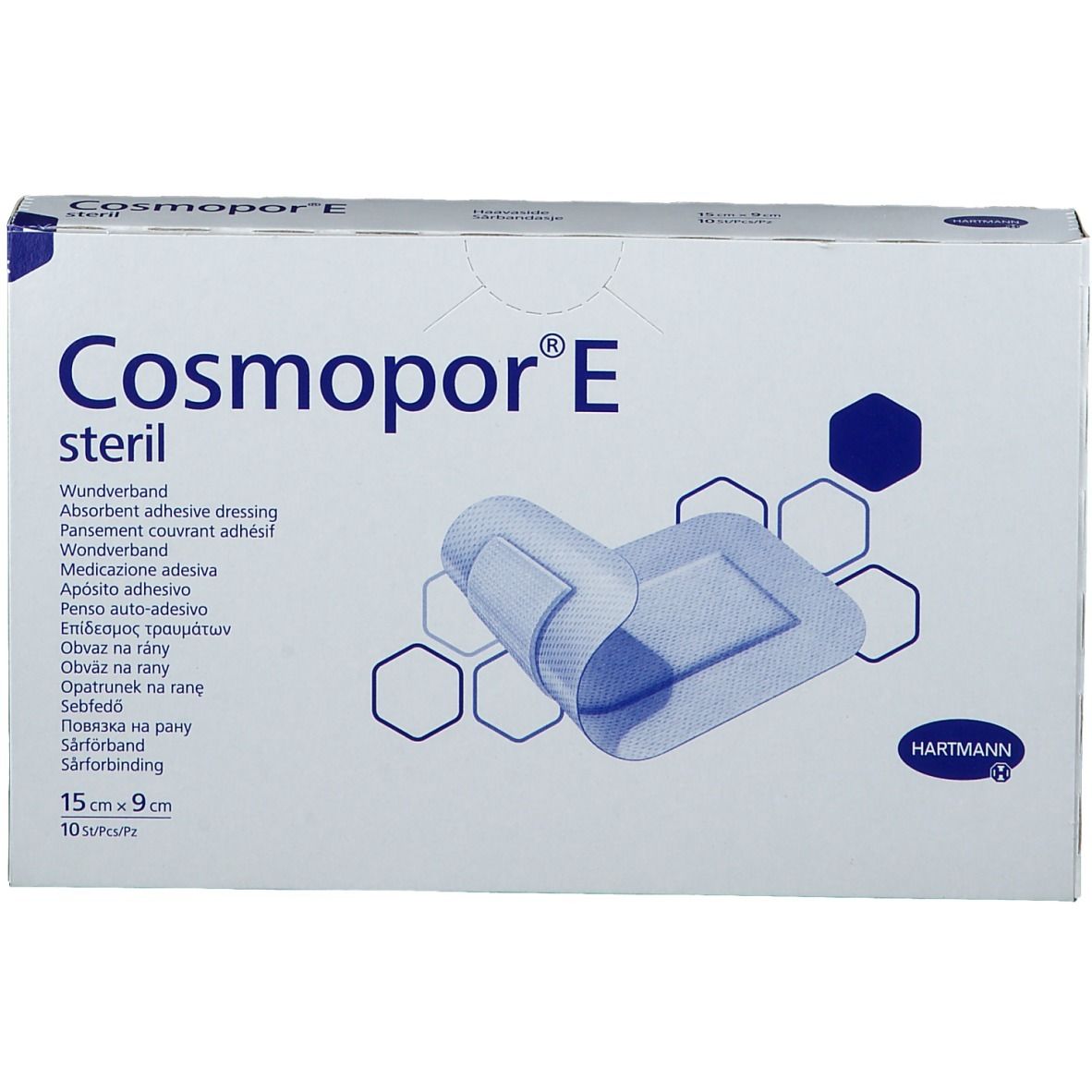 Verband Cosmopor® E steriel, 15 x 9 cm, 10 stuks. Verpakking met productafbeelding en afmetingen.
