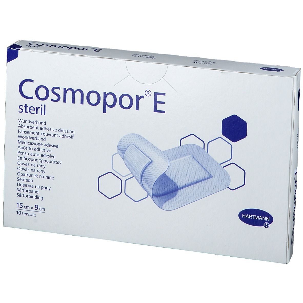 Verband Cosmopor® E steriel, 15 x 9 cm, 10 stuks. Verpakking met productafbeelding en afmetingen.