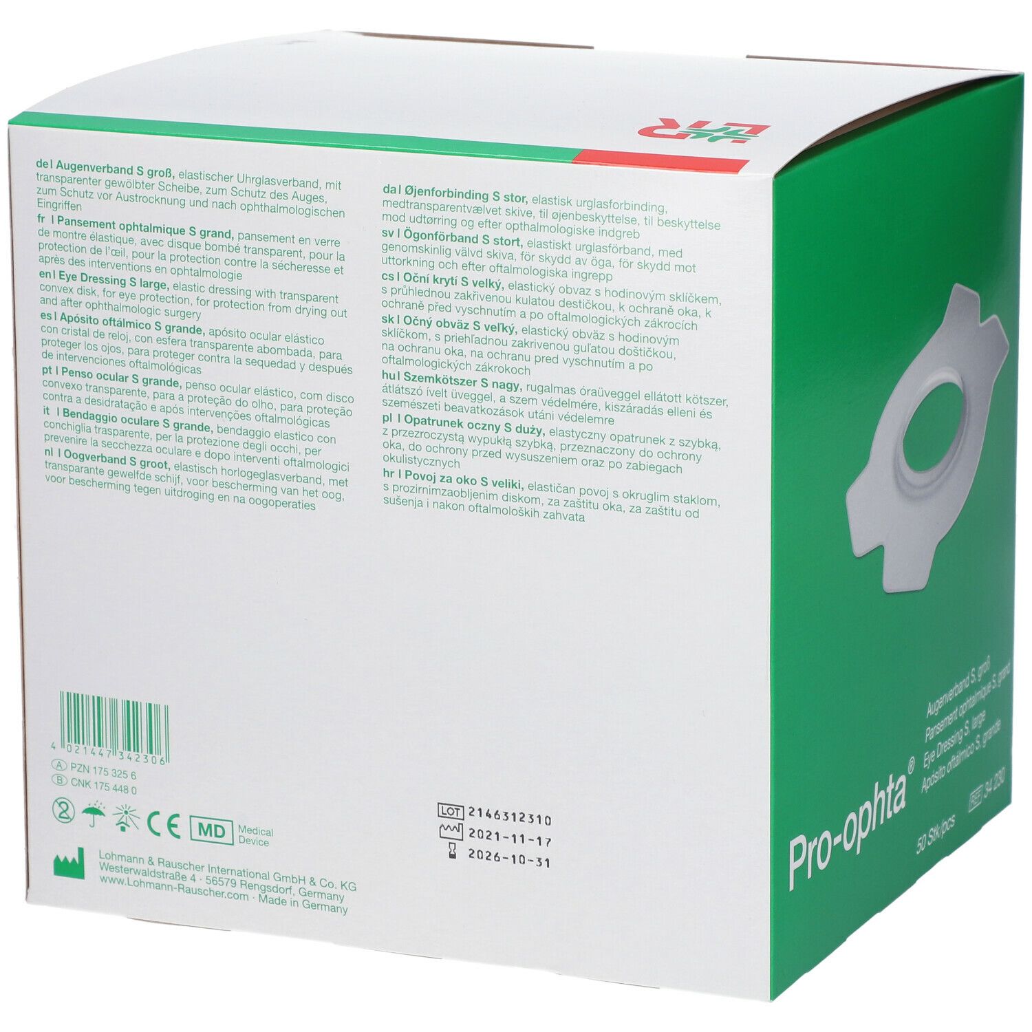 Rückseite der Pro-ophta® S Verpackung. Text in mehreren Sprachen. Angaben zu Hersteller, Chargennummer und Verfallsdatum.