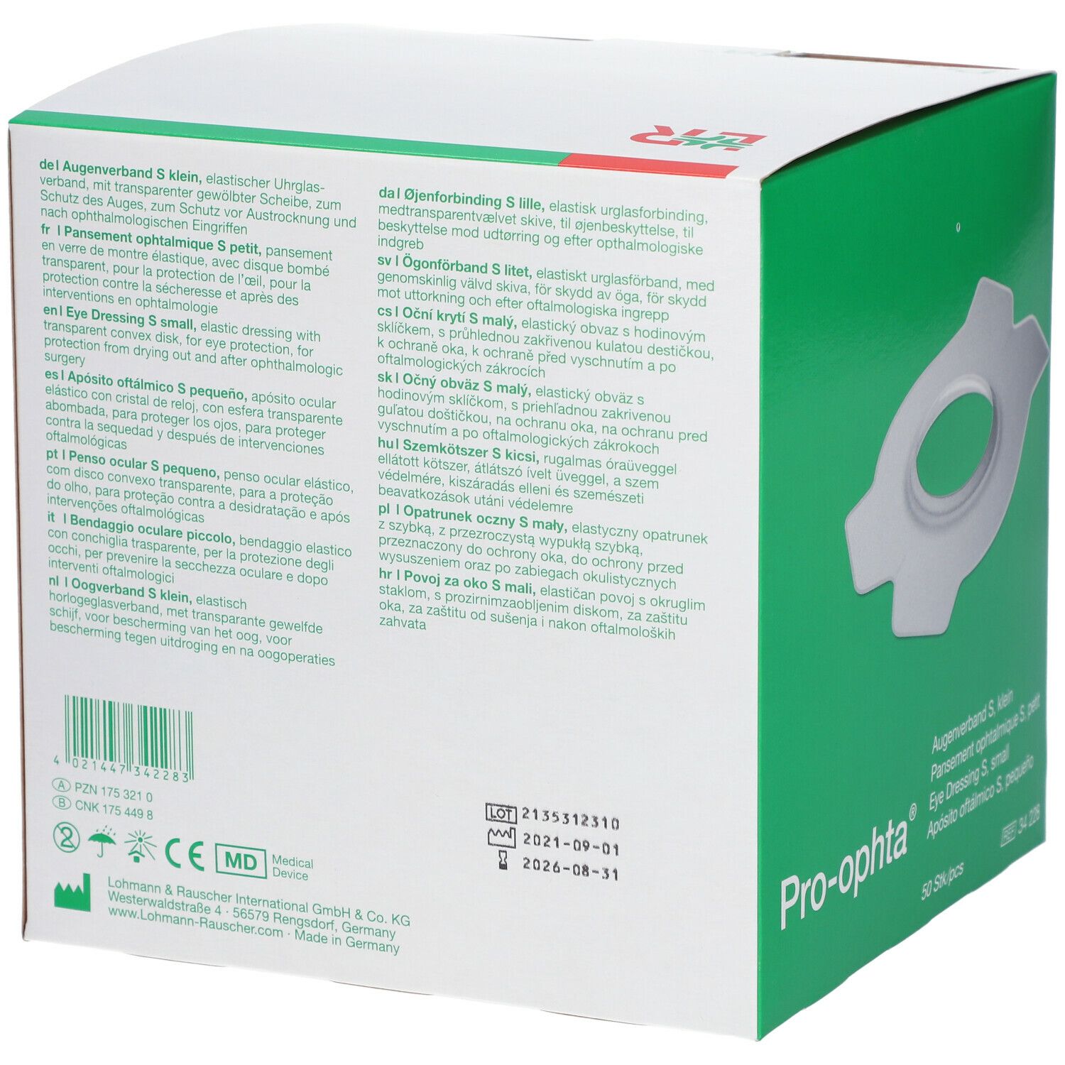 Rückseite der Pro-ophta® S Verpackung. Text in Deutsch, Englisch, Französisch, Italienisch und Spanisch. Haltbarkeitsdaten.