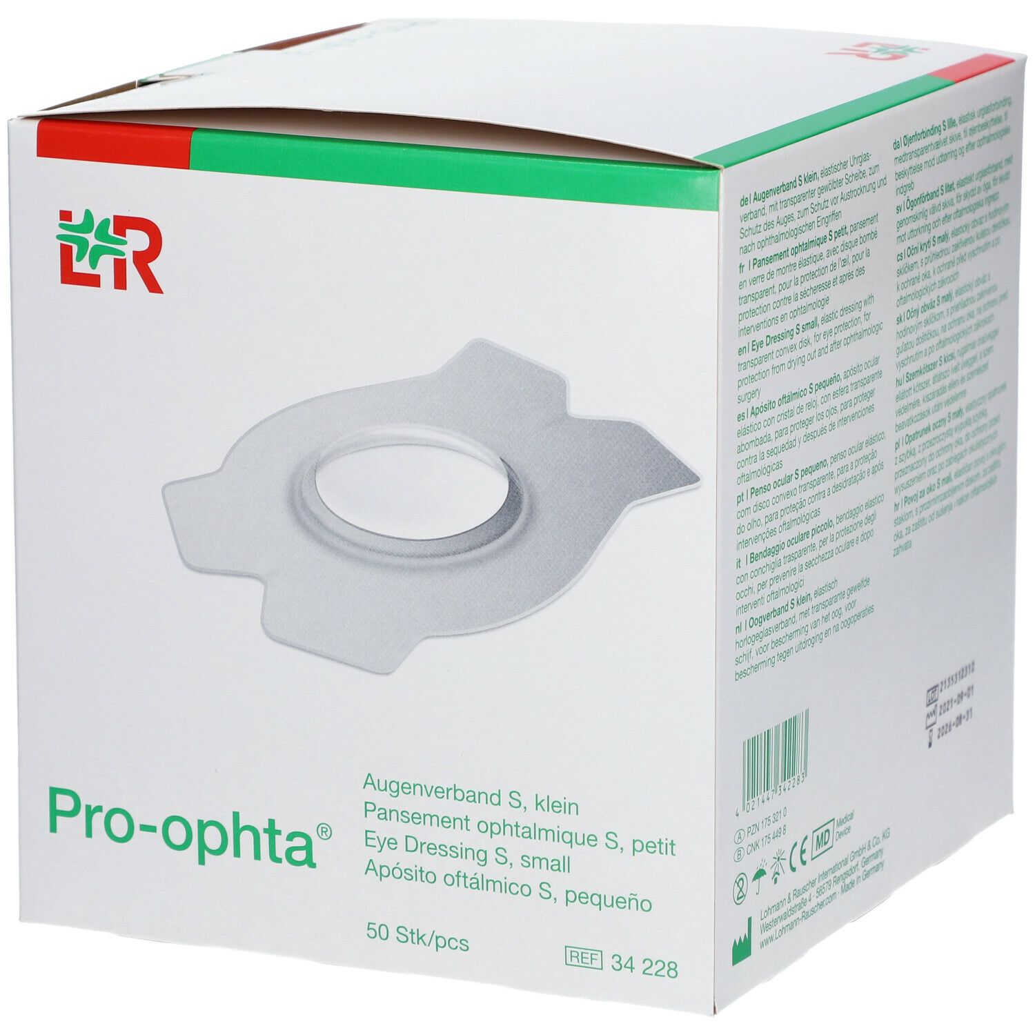 Pro-ophta® S Augenverband-Verpackung. Weißer Karton mit grünem Logo und Produktbezeichnung. 50 Stück.