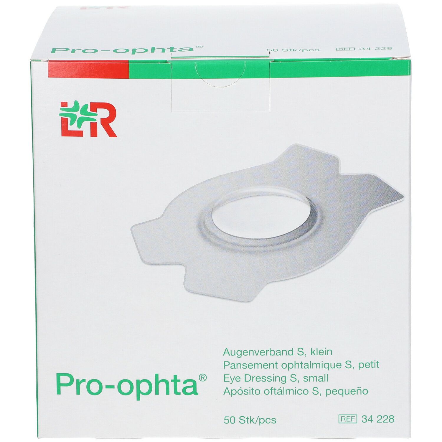 Pro-ophta® S Verpackung. Weißer Karton mit grünem Logo und Produktbezeichnung. 50 Stück.