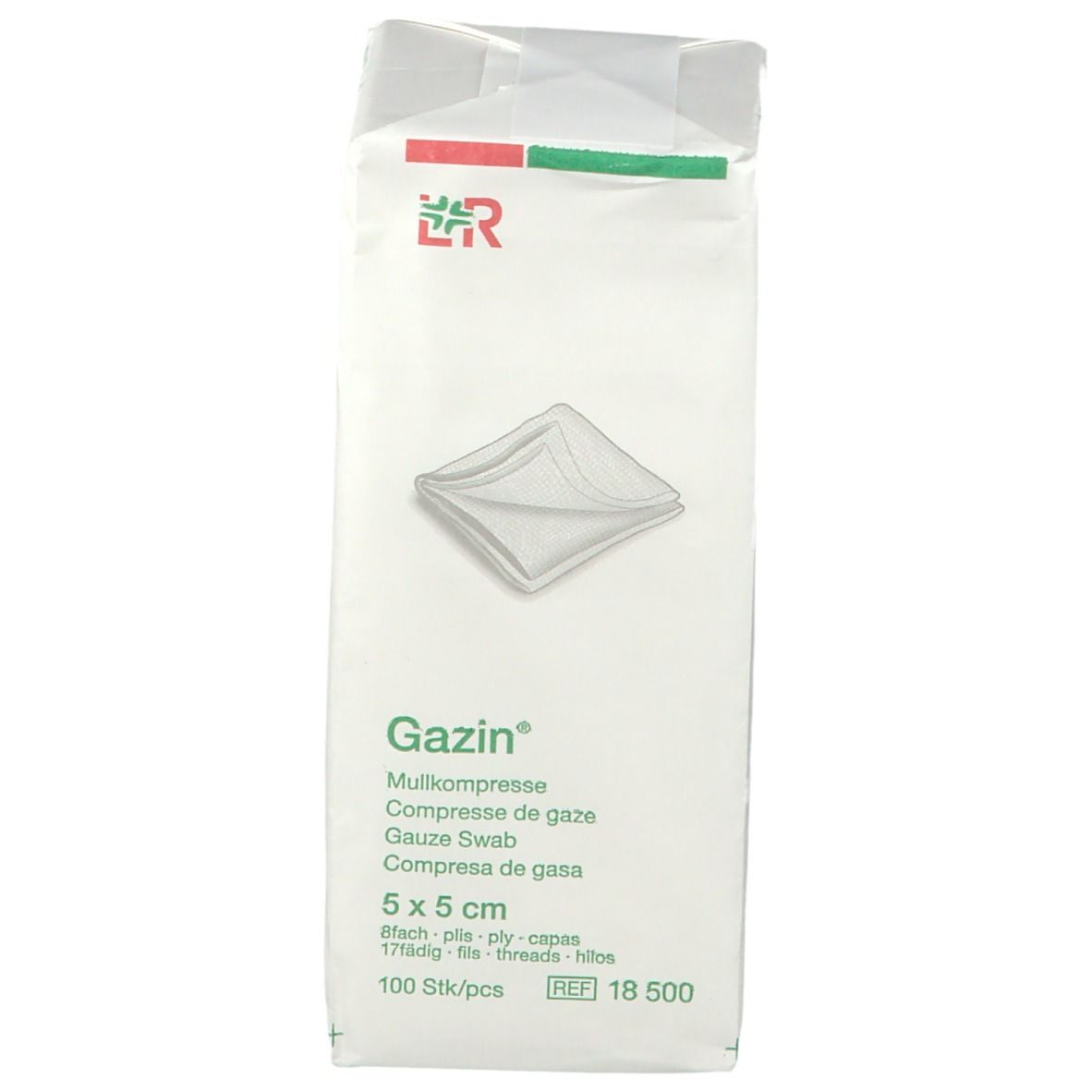 Verpakking Gazin gaaskompressen 5 x 5 cm, 100 stuks. Logo en productnaam. 100% CO EN 14079.