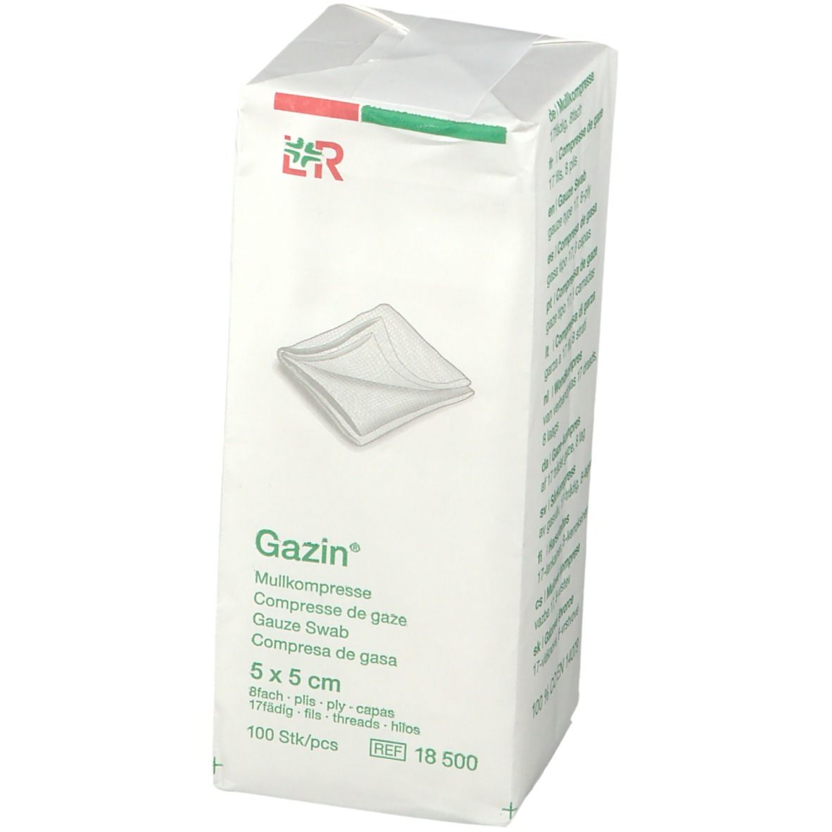 Verpakking Gazin gaaskompressen 5 x 5 cm, 100 stuks. Logo en productnaam. 100% CO EN 14079.