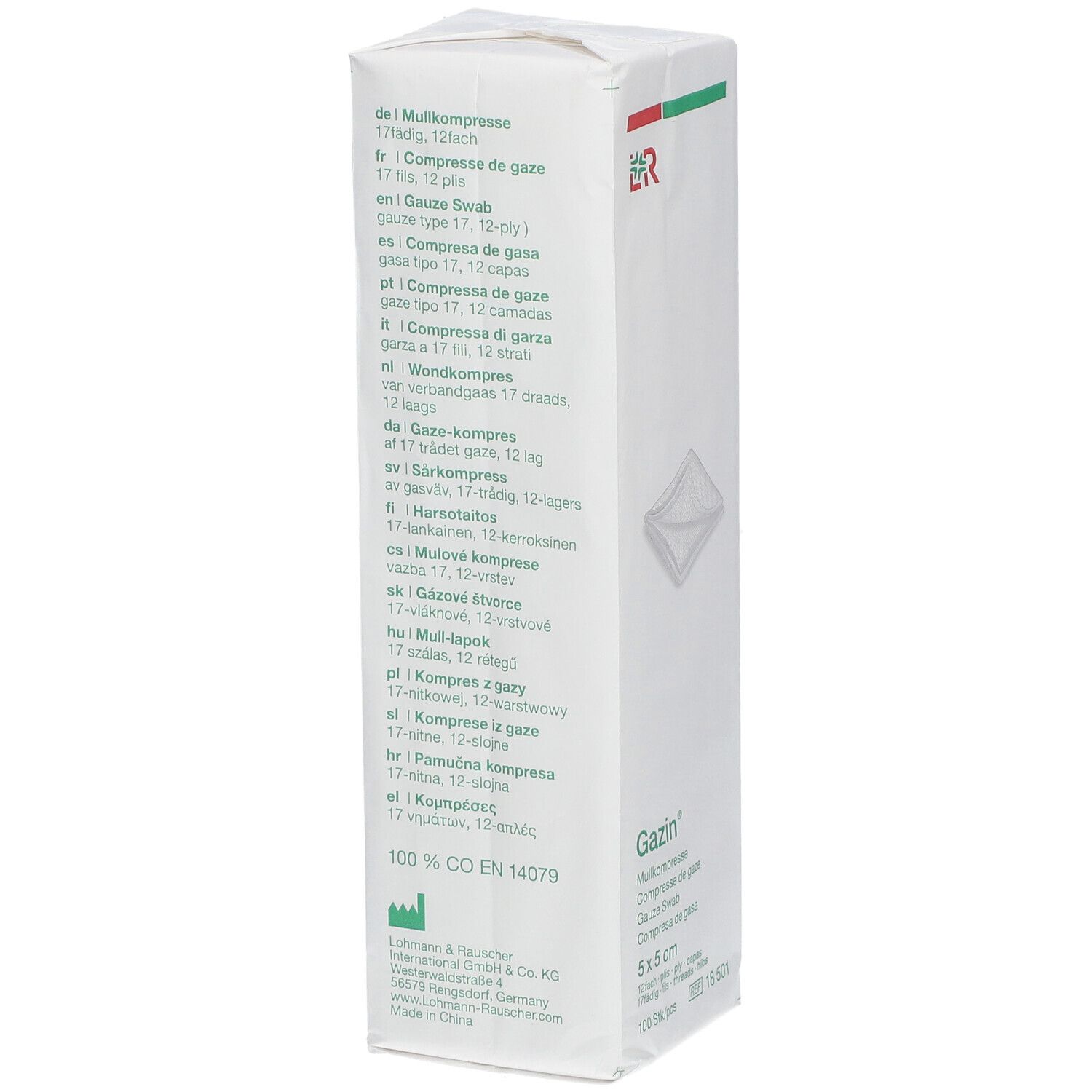 Emballage de compresses Gazin. Liste de texte multilingue. Dimensions 5x5 cm. Logo LR. Certification EN 14079.