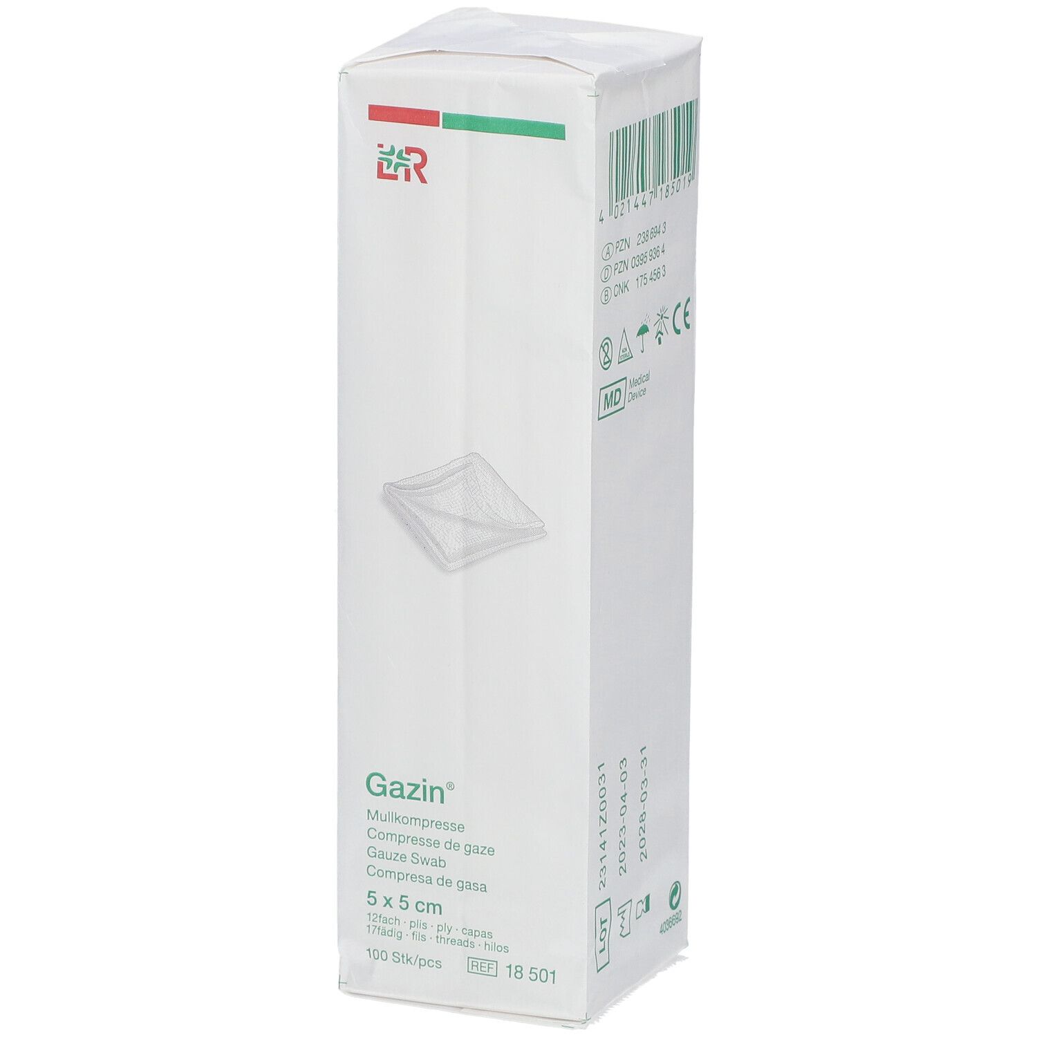 Emballage de compresses Gazin. Dimensions 5x5 cm. 100 pièces par paquet. Logo LR. Bande verte et rouge. Symbole MD.