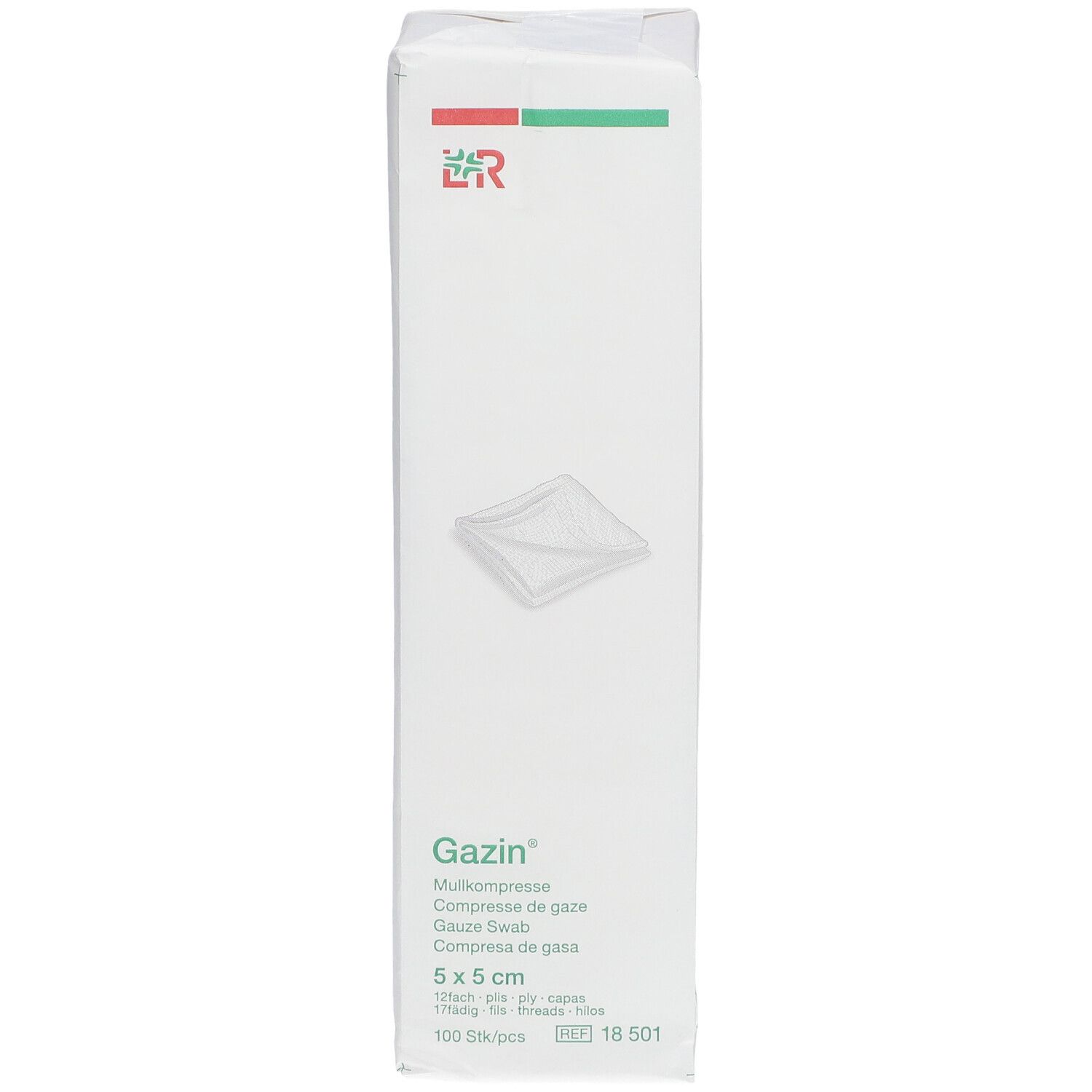 Emballage de compresses Gazin. Dimensions 5x5 cm. 100 pièces par paquet. Logo LR. Bande verte et rouge. Symbole MD.