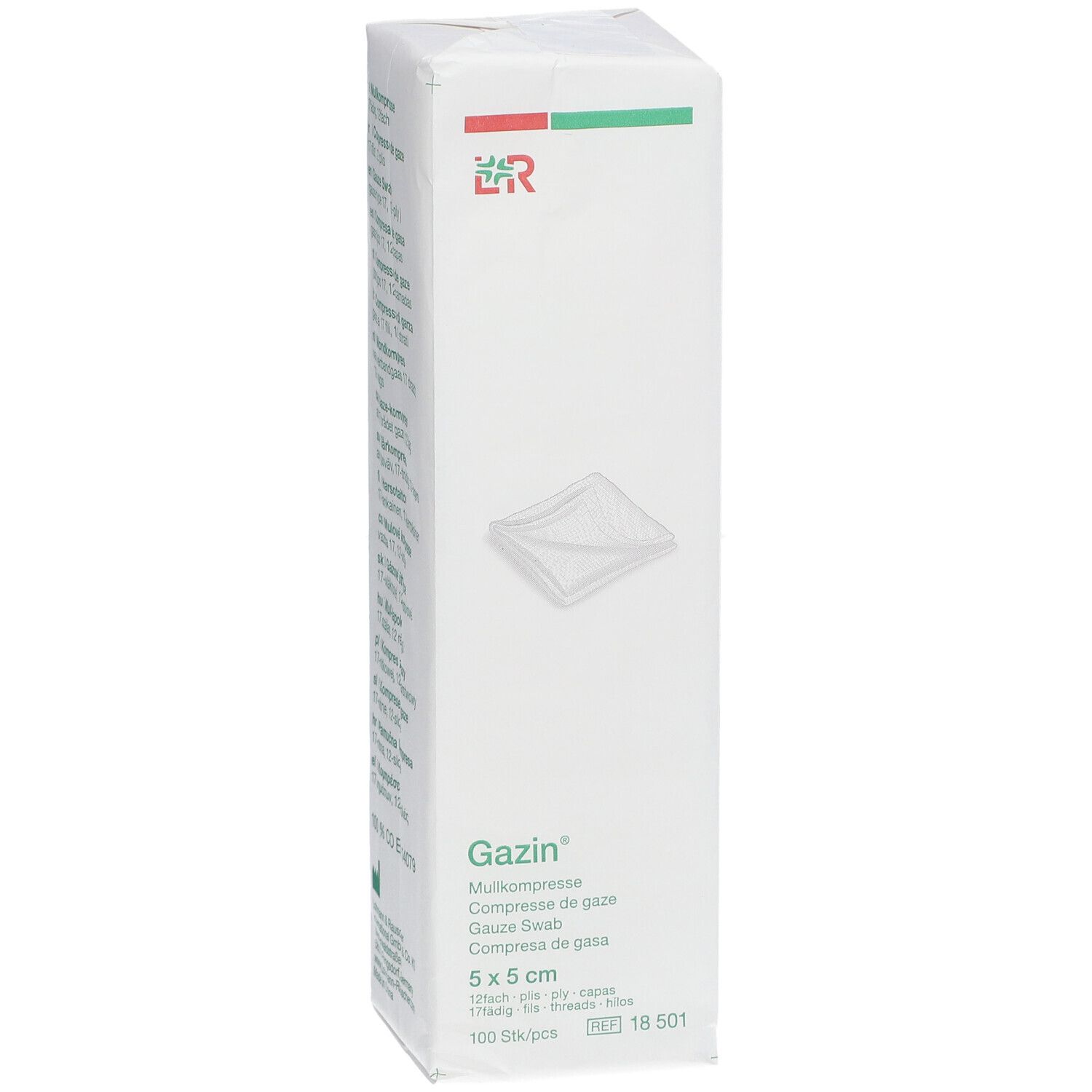 Emballage de compresses Gazin. Dimensions 5x5 cm. 100 pièces par paquet. Logo LR. Bande verte et rouge. Symbole MD.