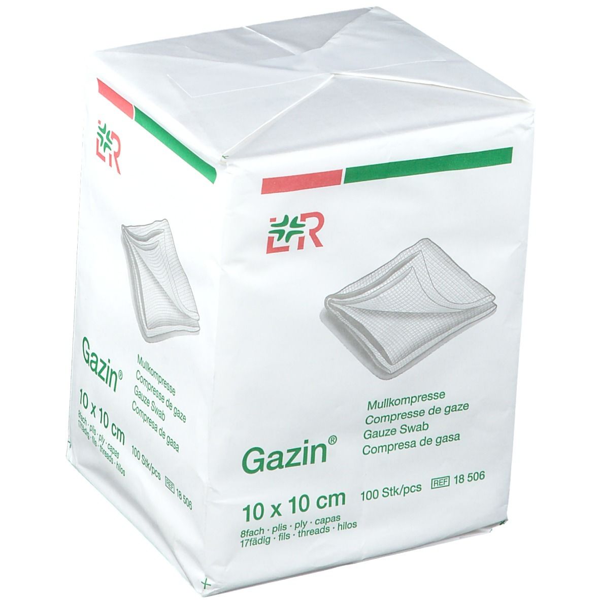 Emballage de compresses Gazin 10 x 10 cm, 100 pièces. Inscriptions: Mullkompresse, Gaze Swab, 8 plis, 17 fils. Rayures rouges et vertes.
