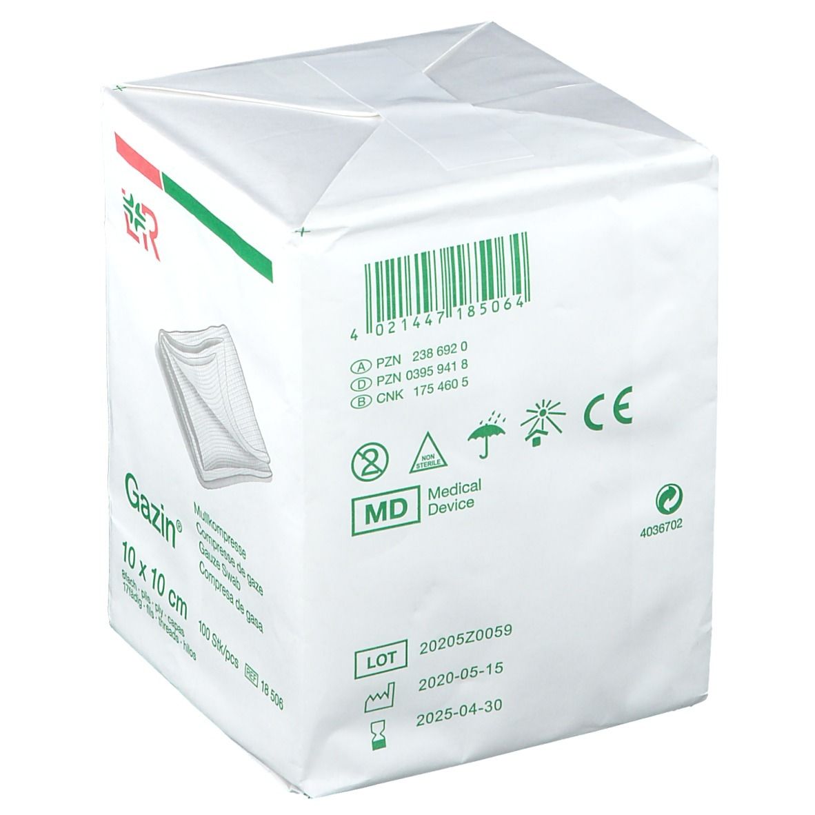 Emballage de compresses Gazin 10 x 10 cm, 100 pièces. Inscriptions: Mullkompresse, Gaze Swab. Code-barres, symbole MD, marquage CE.